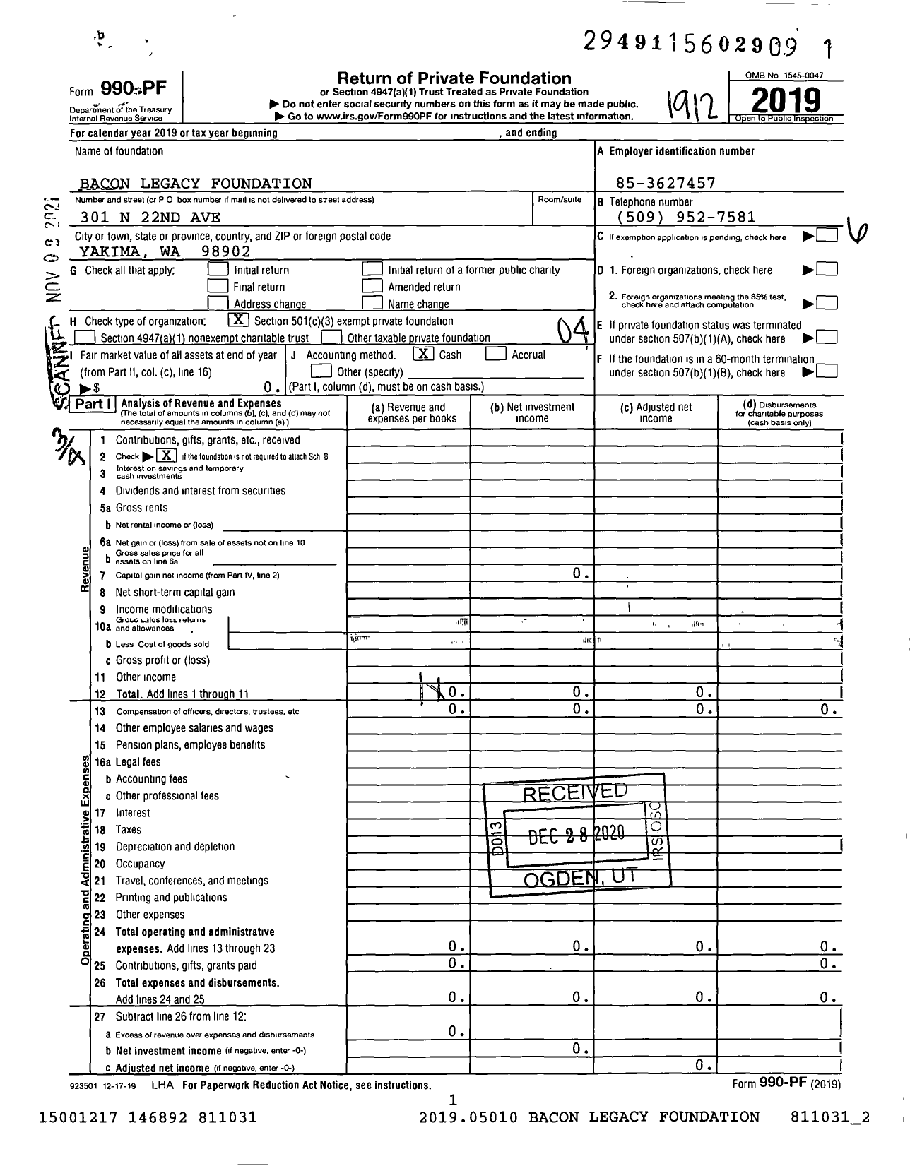 Image of first page of 2019 Form 990PF for Bacon Legacy Foundation