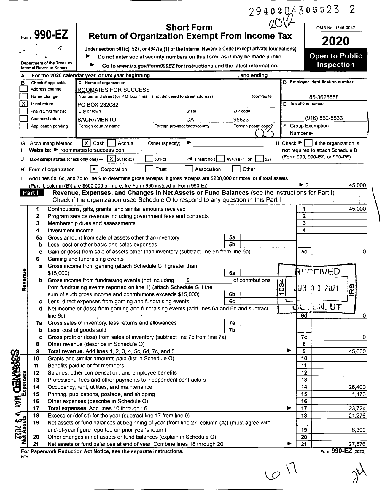 Image of first page of 2020 Form 990EZ for Roommates for Success