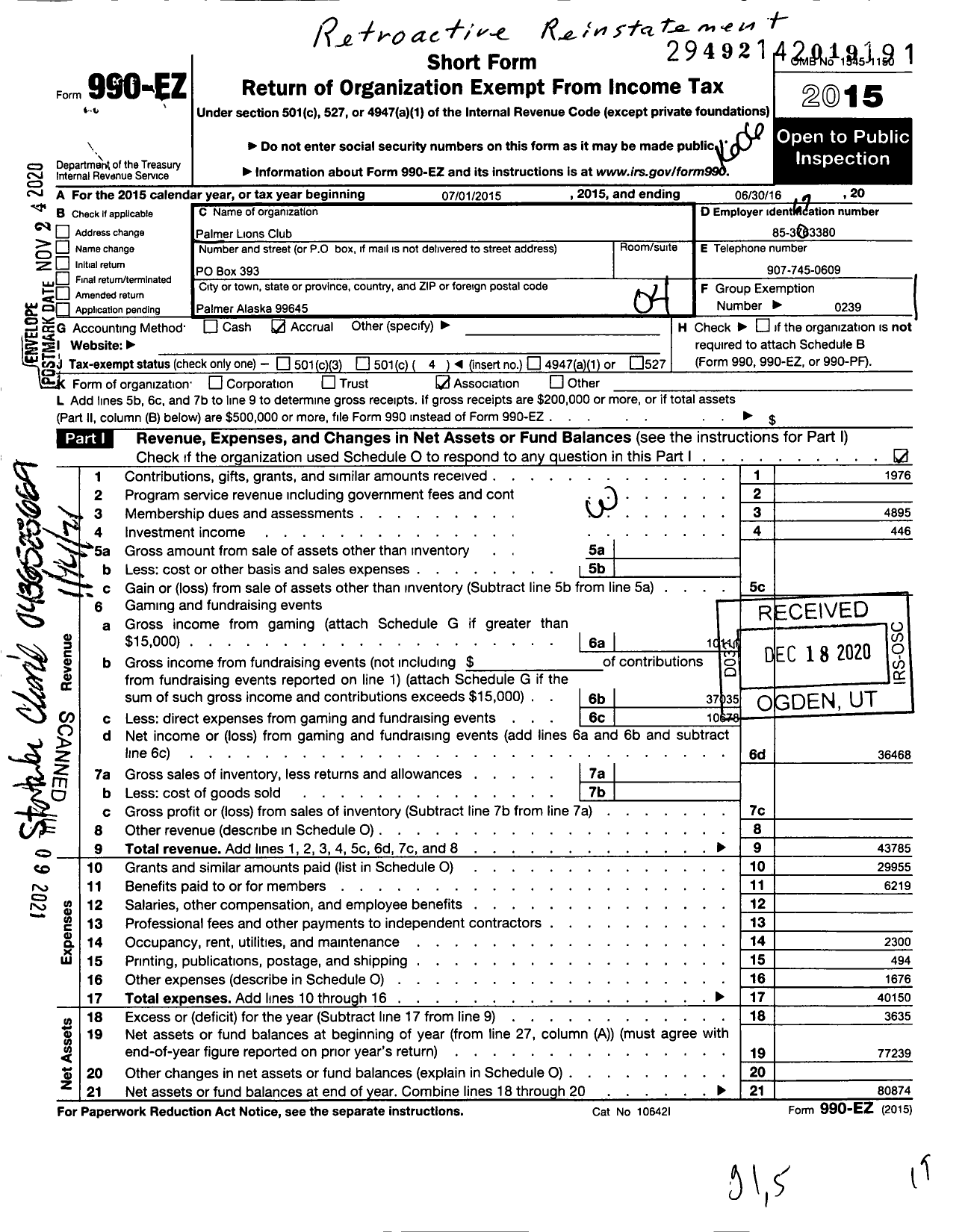 Image of first page of 2015 Form 990EO for Lions Clubs - Palmer Lions Club