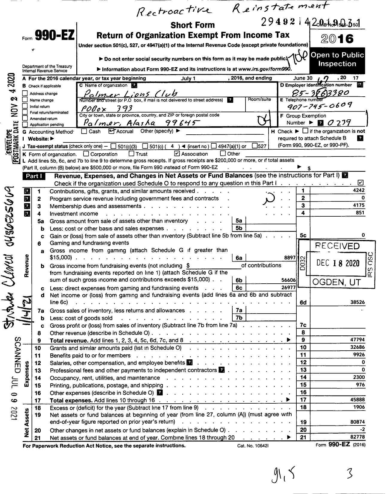 Image of first page of 2016 Form 990EO for Lions Clubs - Palmer Lions Club