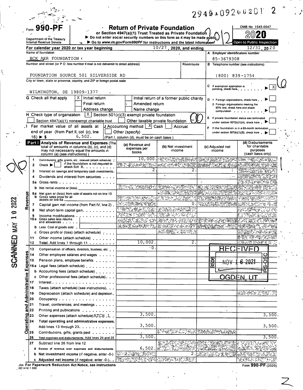 Image of first page of 2020 Form 990PF for BCK AKR Foundation