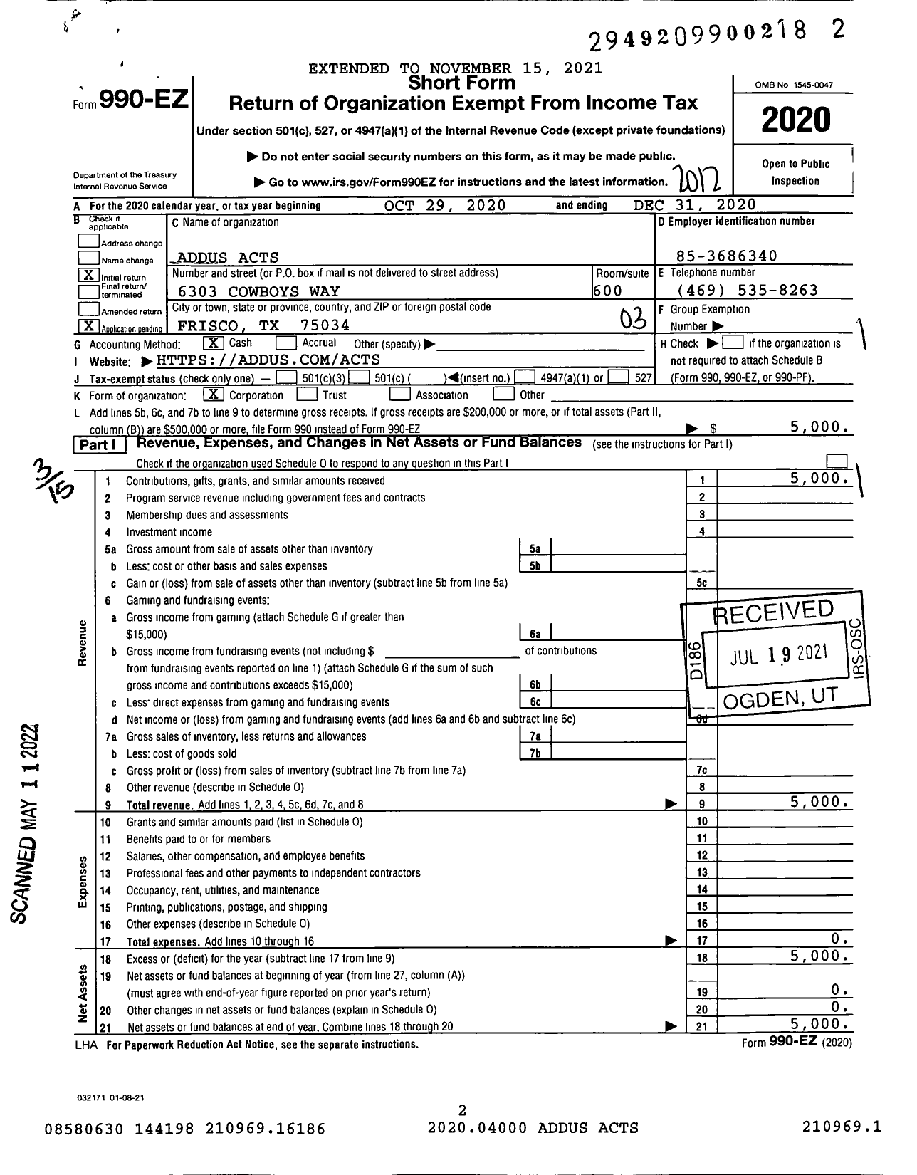 Image of first page of 2020 Form 990EZ for Addus Acts