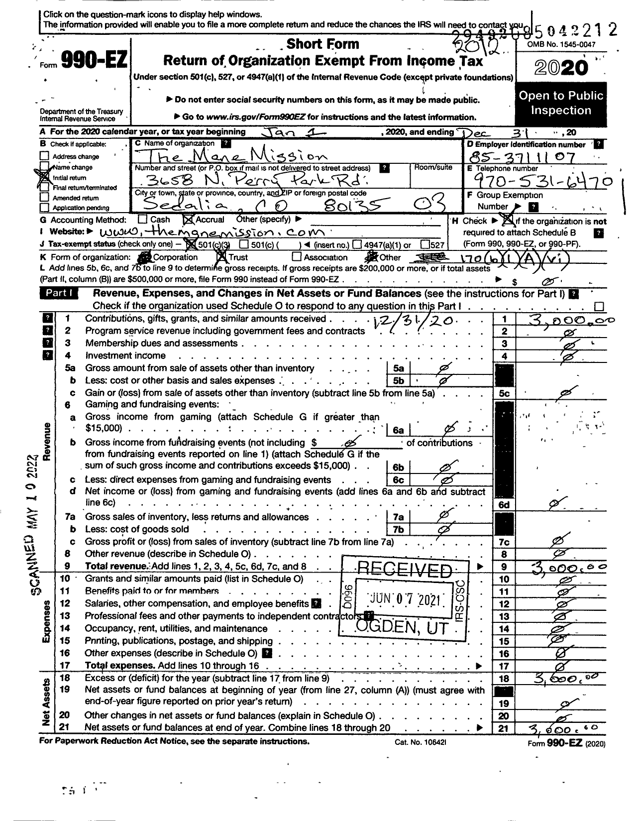 Image of first page of 2020 Form 990EZ for The Mane Mission