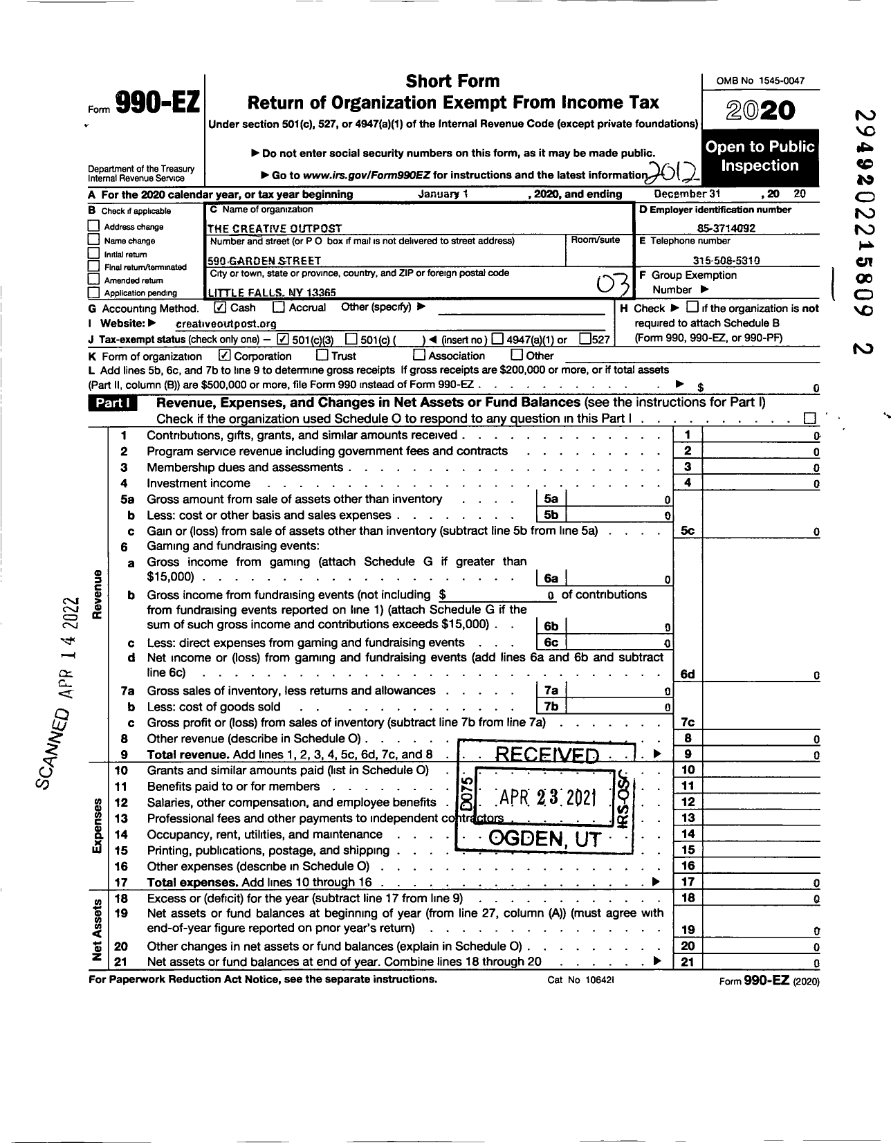 Image of first page of 2020 Form 990EZ for The Creative Outpost