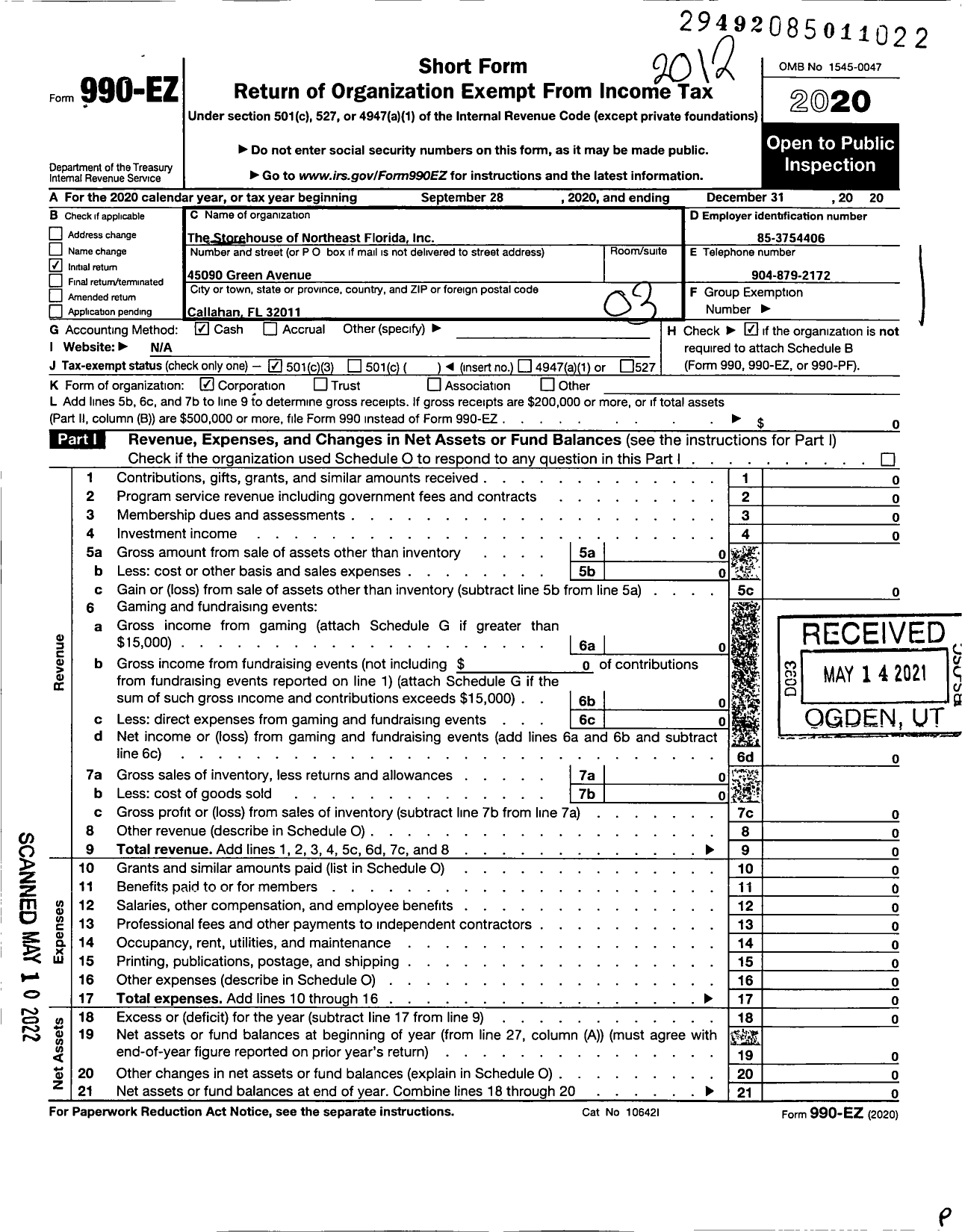 Image of first page of 2020 Form 990EZ for The Storehouse of Northeast Florida