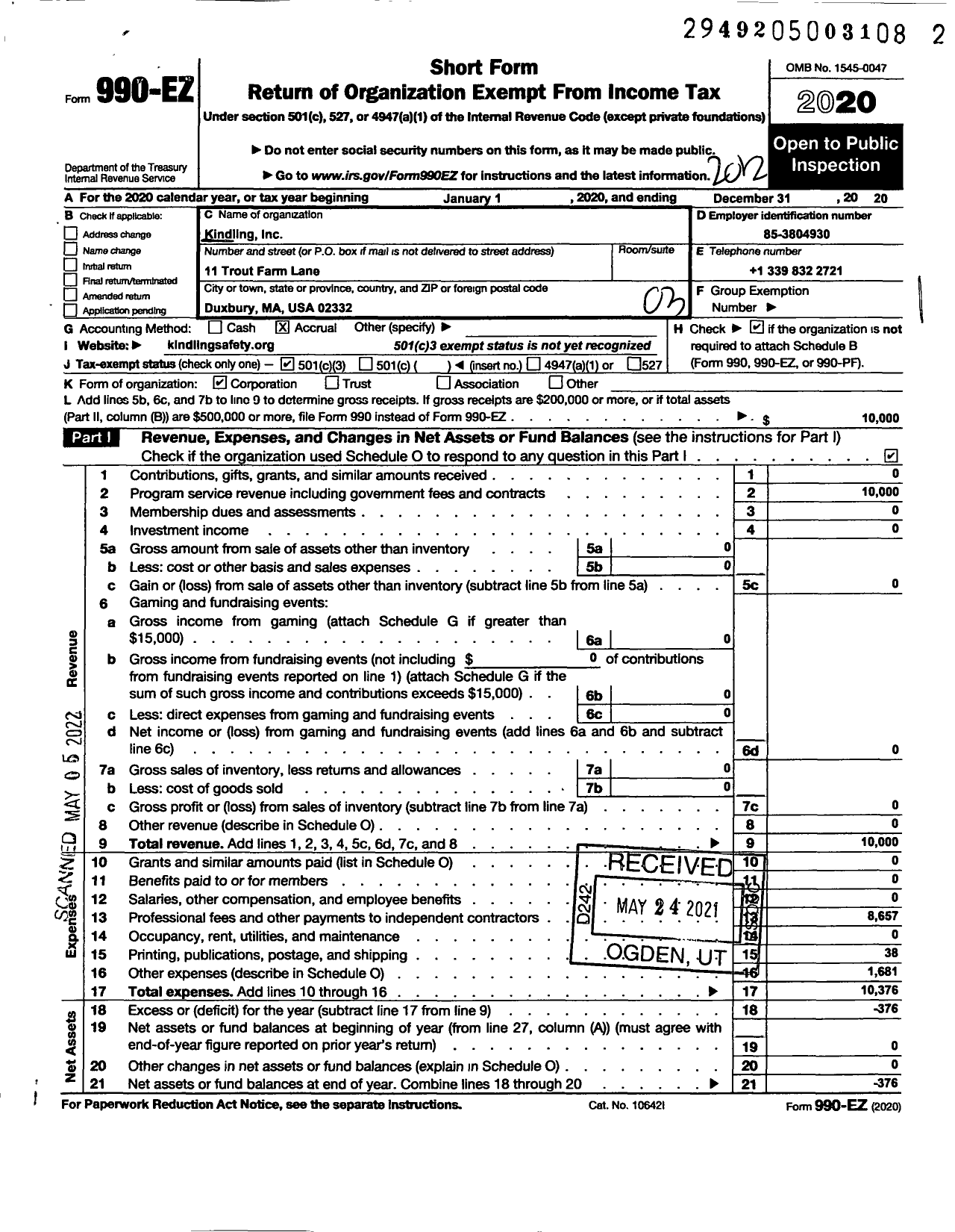 Image of first page of 2020 Form 990EZ for Kindling