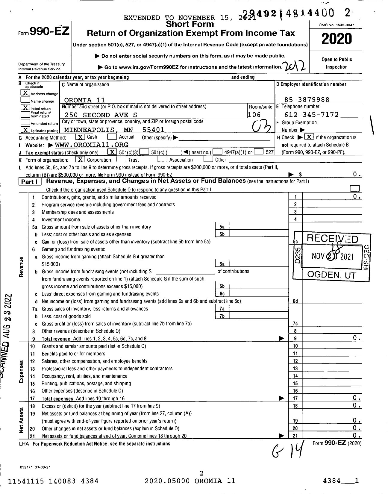 Image of first page of 2020 Form 990EZ for Oromia 11