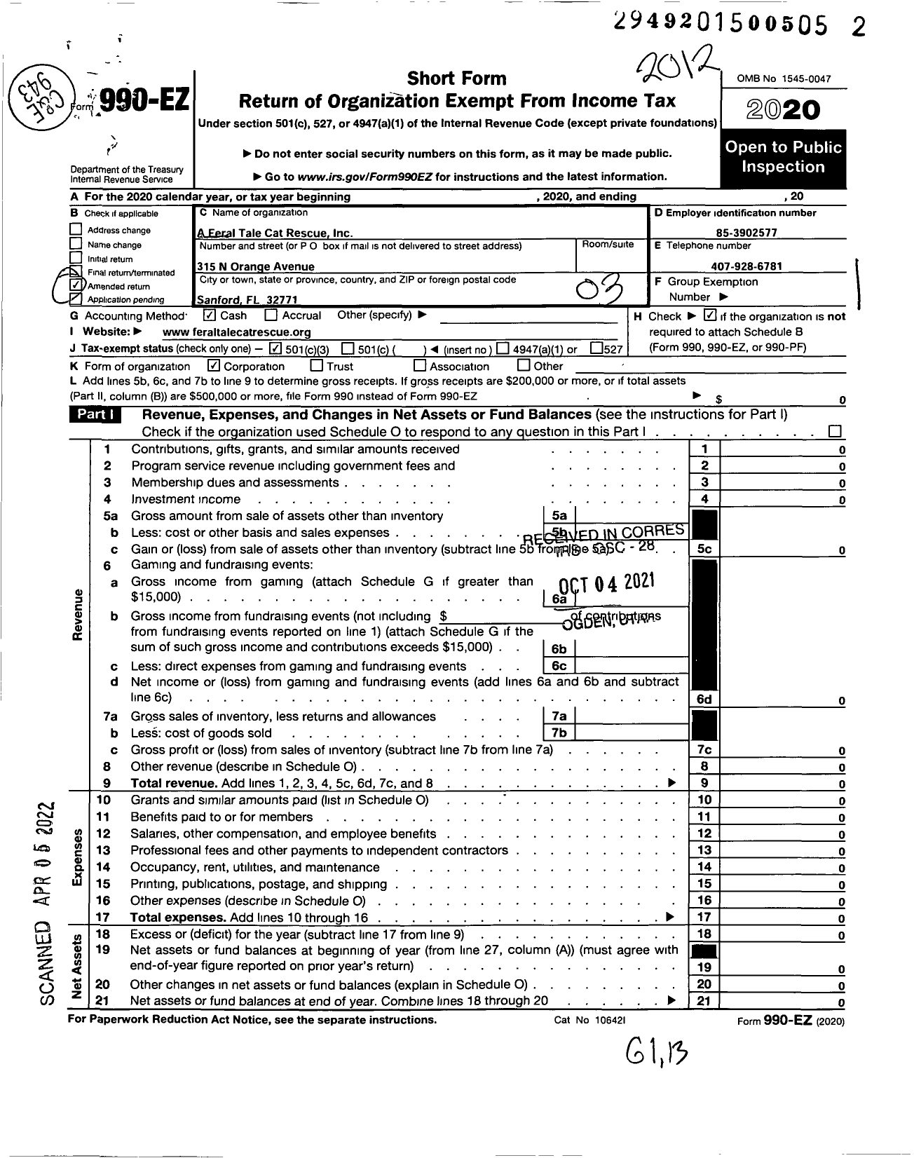 Image of first page of 2020 Form 990EZ for A Feral Tale Cat Rescue