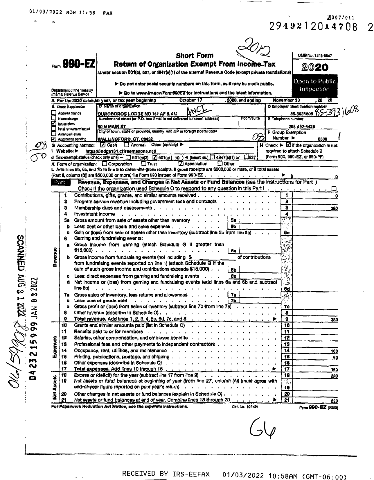 Image of first page of 2020 Form 990EO for Ancient Free and Accepted Masons of Connecticut - 151 Ouroboros Lodge Af and Am