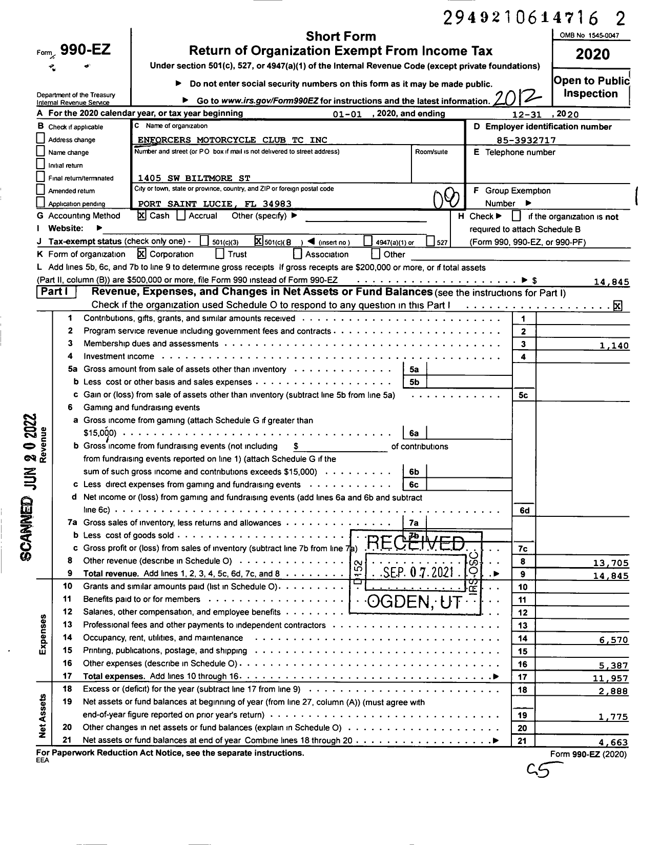 Image of first page of 2020 Form 990EO for Enforcers Motorcycle Club Treasure Coast Chapter