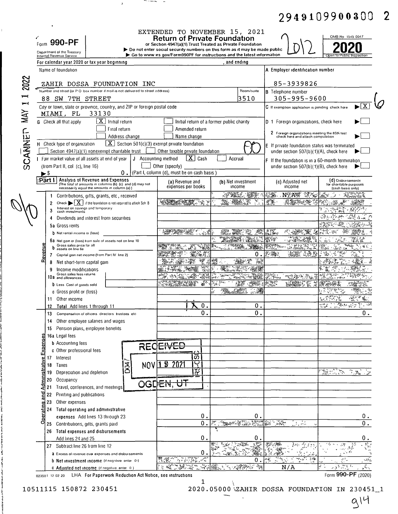 Image of first page of 2020 Form 990PF for The Dossa Foundation