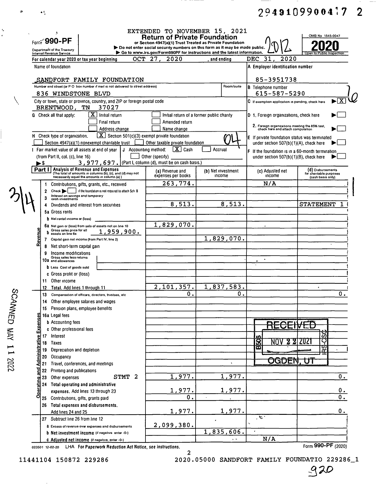 Image of first page of 2020 Form 990PF for Sandfort Family Foundation