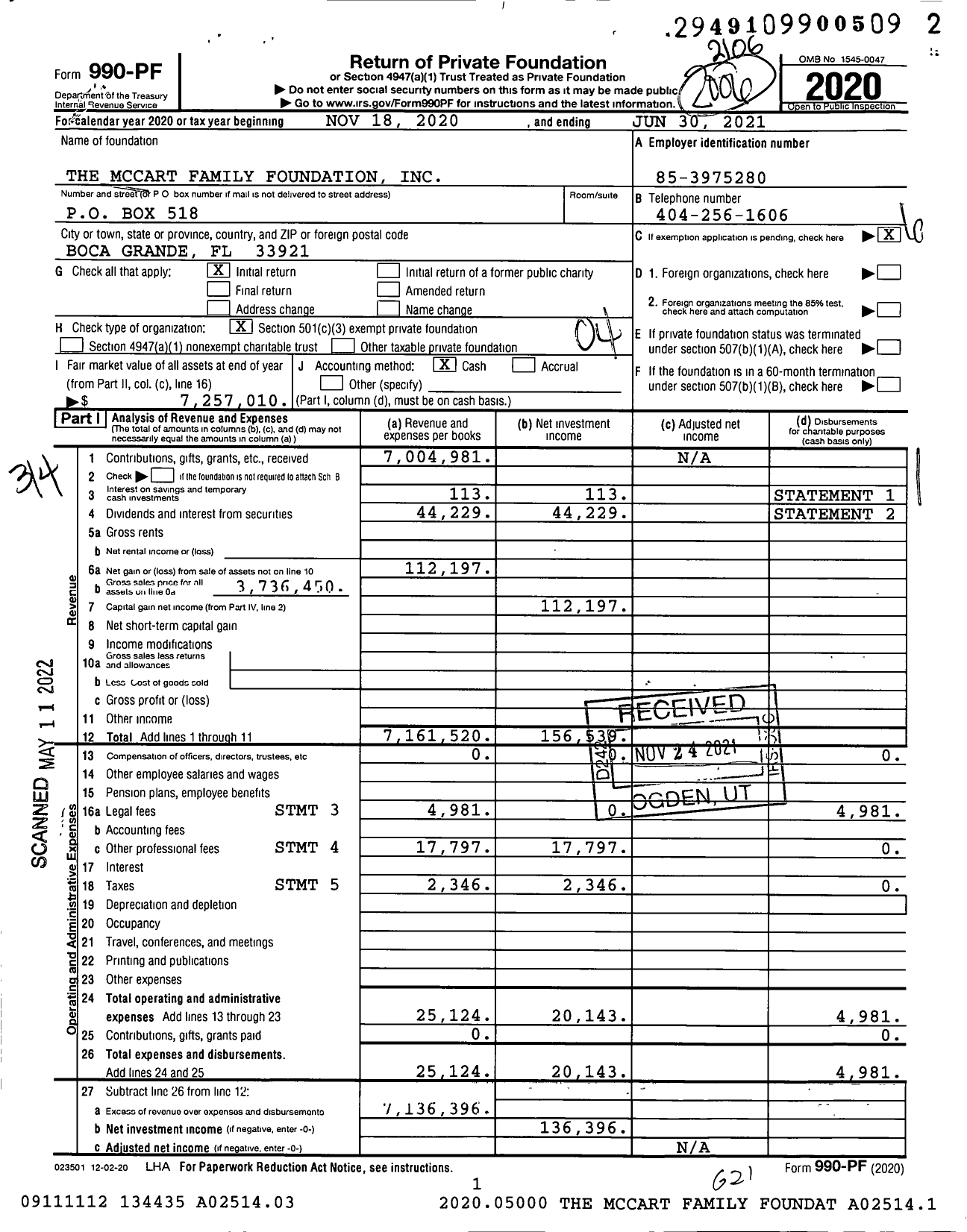 Image of first page of 2020 Form 990PF for The Mccart Family Foundation