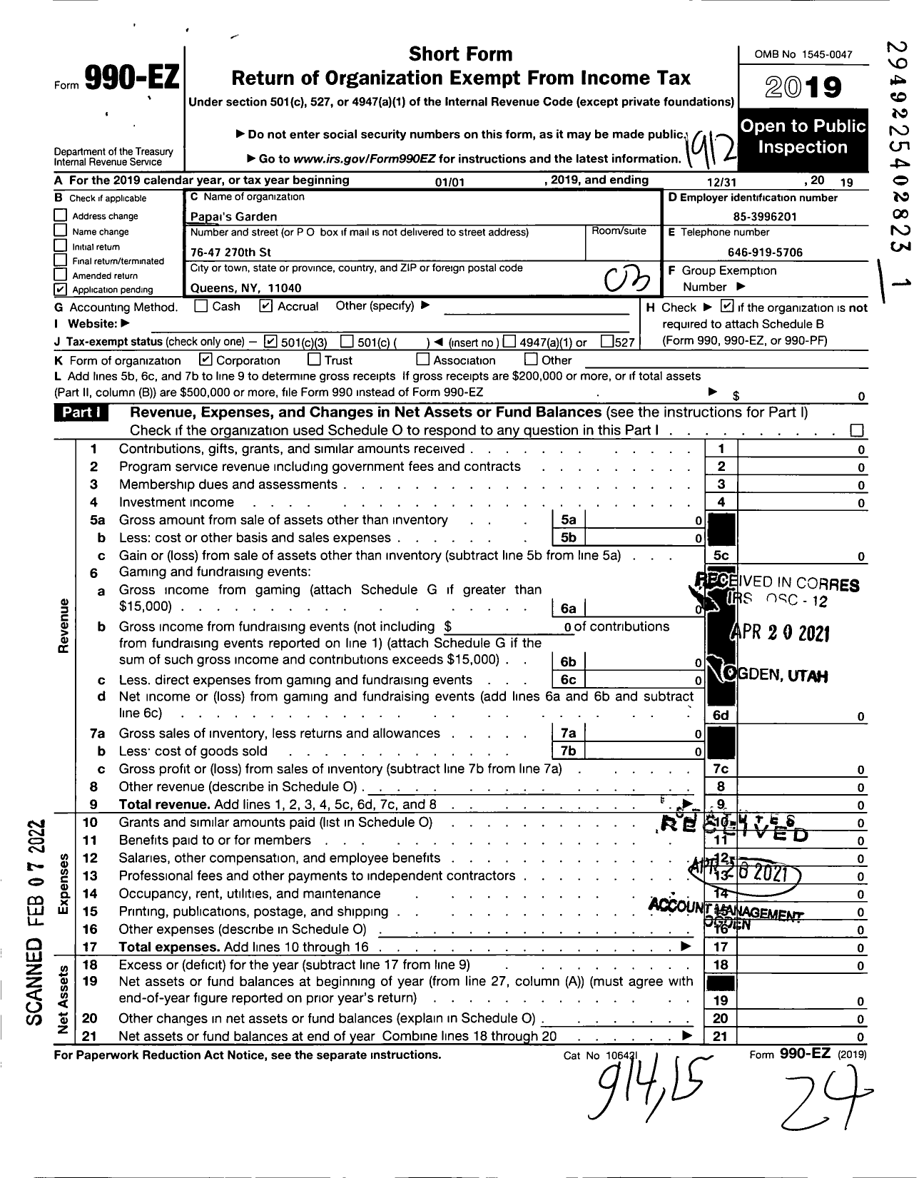 Image of first page of 2019 Form 990EZ for Papais Garden