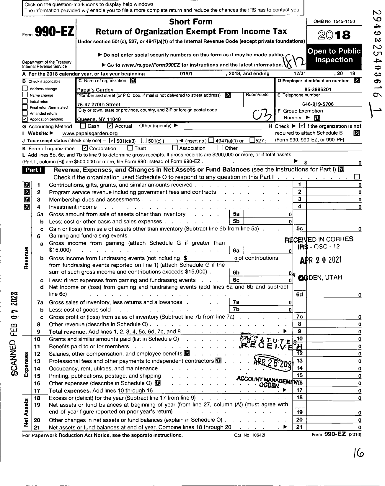 Image of first page of 2018 Form 990EZ for Papais Garden