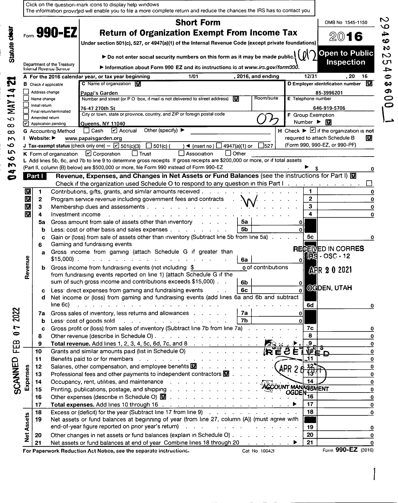 Image of first page of 2016 Form 990EZ for Papais Garden