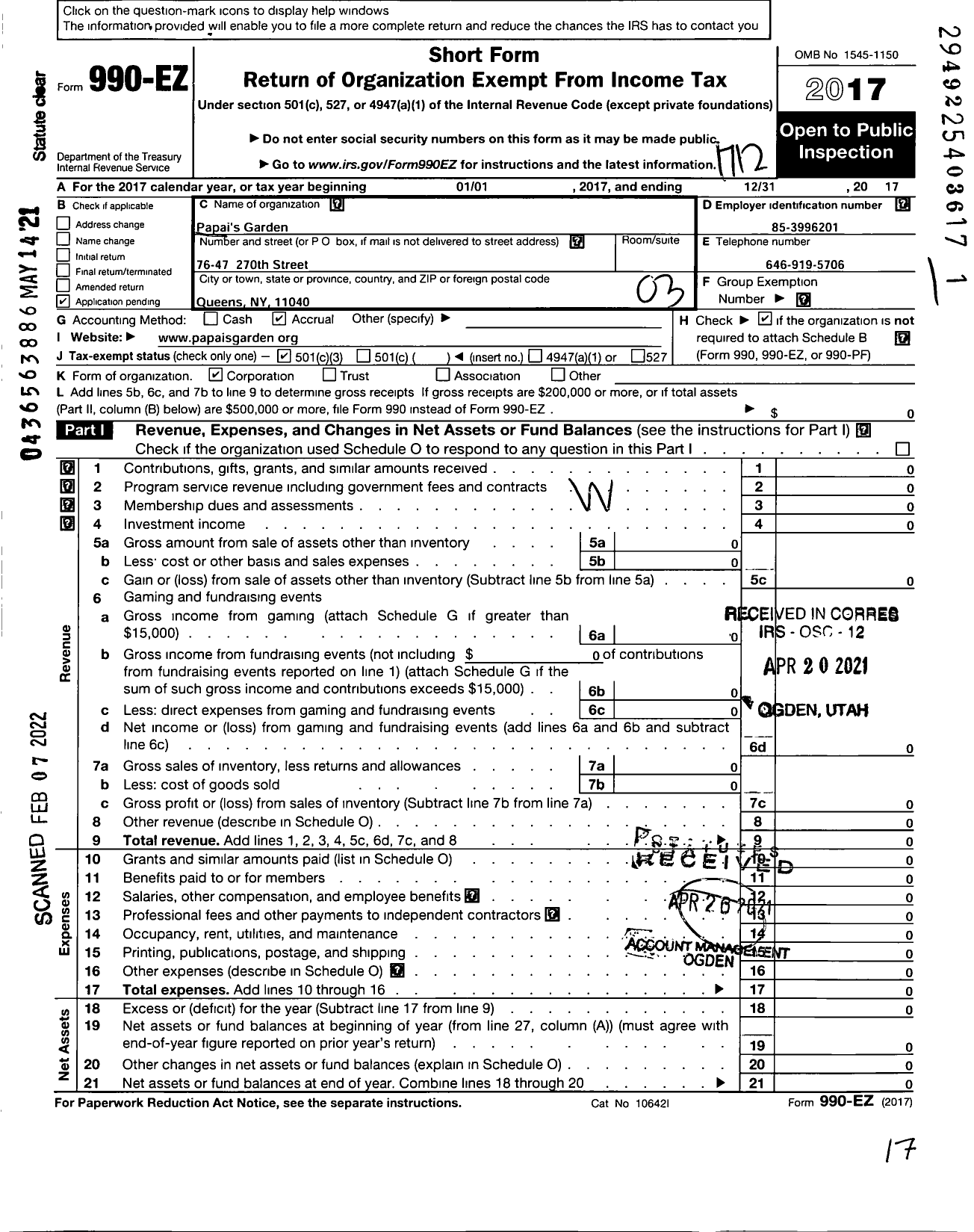 Image of first page of 2017 Form 990EZ for Papais Garden