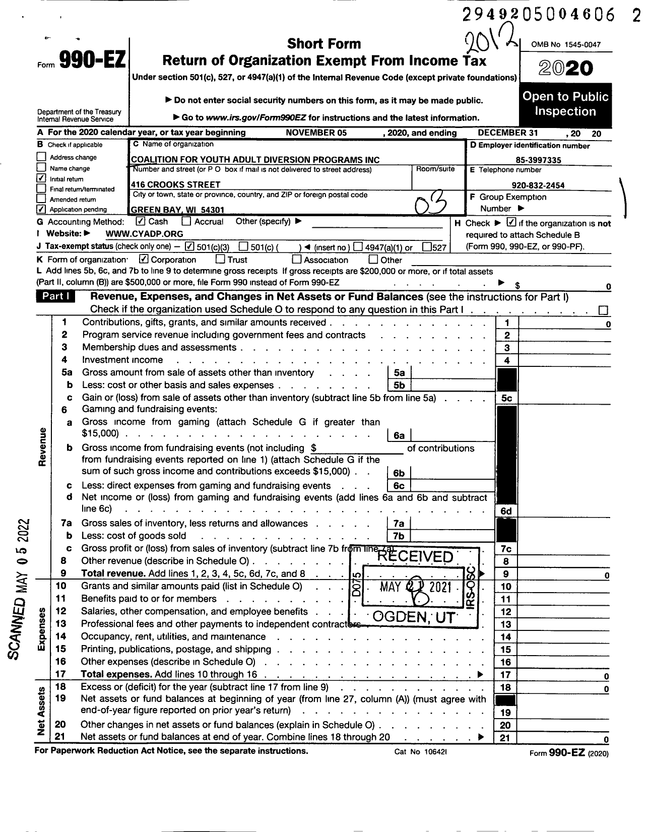 Image of first page of 2020 Form 990EZ for Coalition for Youth Adult Diversion Programs