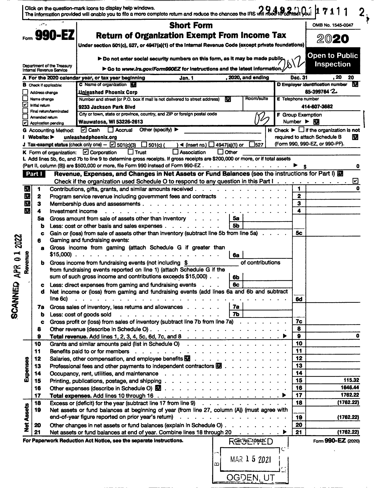 Image of first page of 2020 Form 990EZ for Unleashed Phoenix Corporation