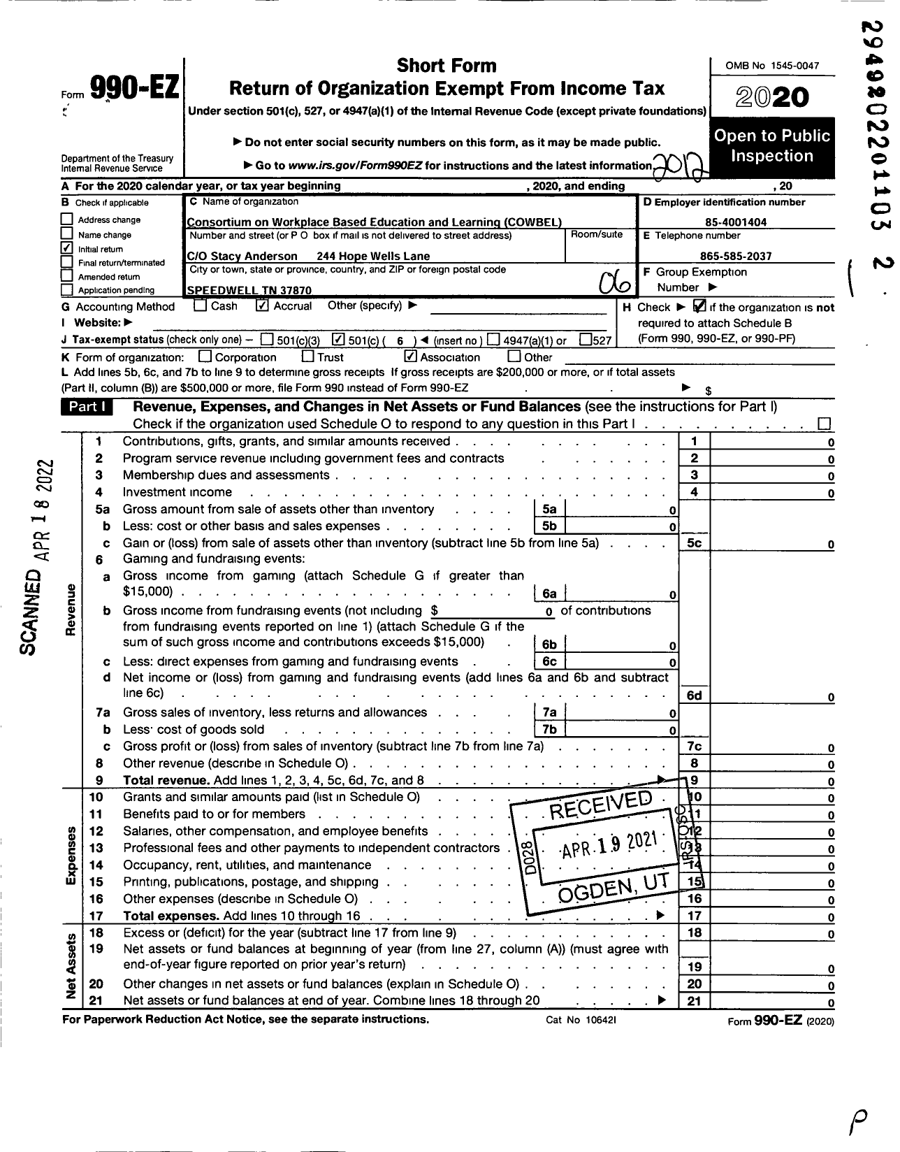 Image of first page of 2020 Form 990EO for Consortium on Workplace-Based Education and Learning