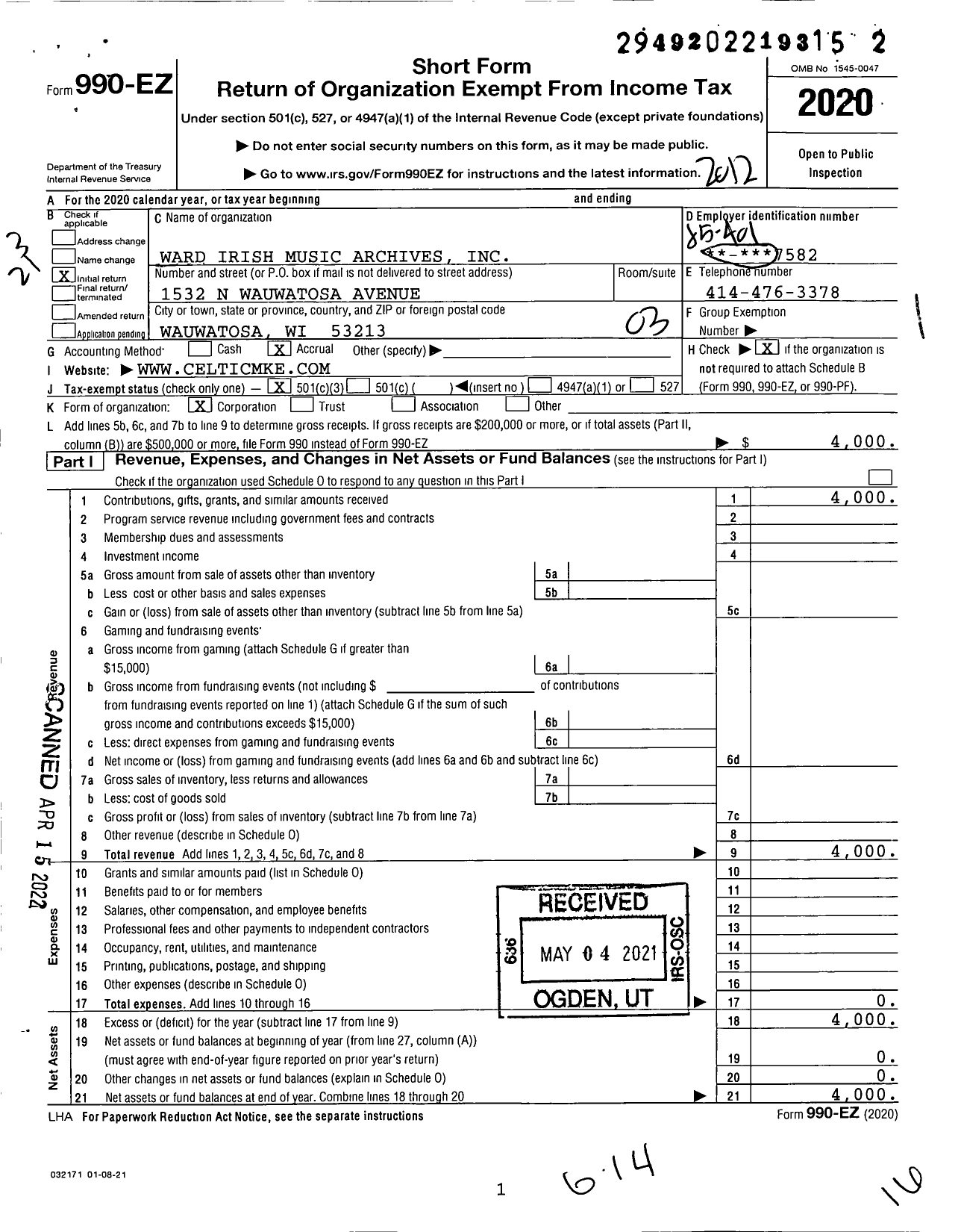 Image of first page of 2020 Form 990EZ for Ward Irish Music Archives