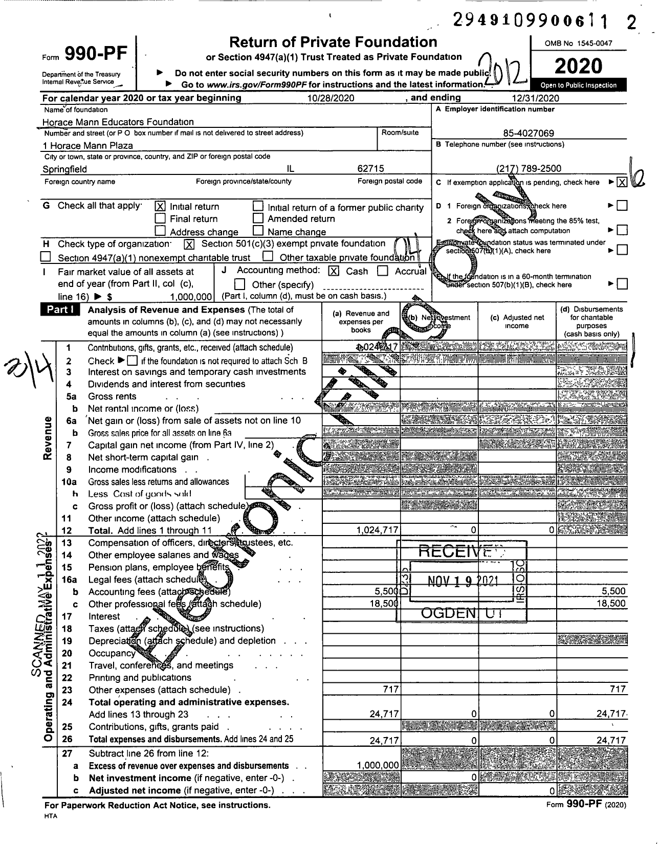 Image of first page of 2020 Form 990PF for Horace Mann Educators Foundation