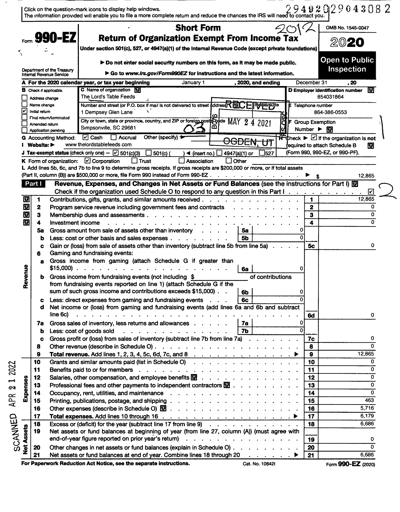 Image of first page of 2020 Form 990EZ for Lords Table Feeds