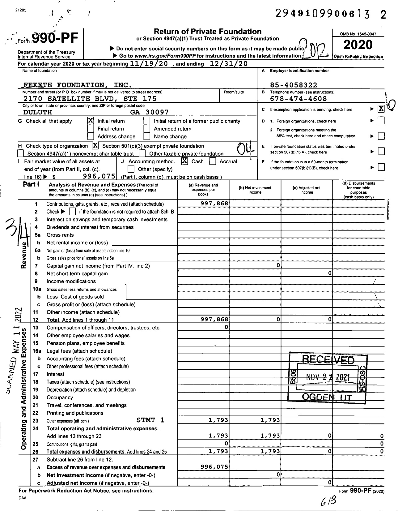 Image of first page of 2020 Form 990PF for Fekete Foundation