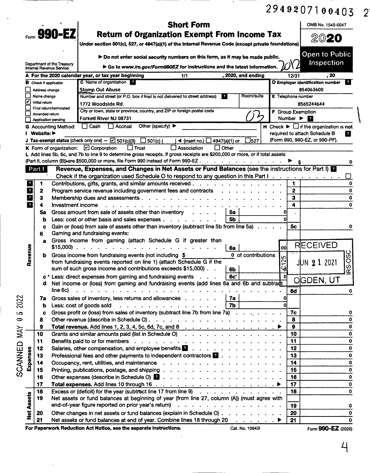 Image of first page of 2020 Form 990EZ for Stomp Out Abuse