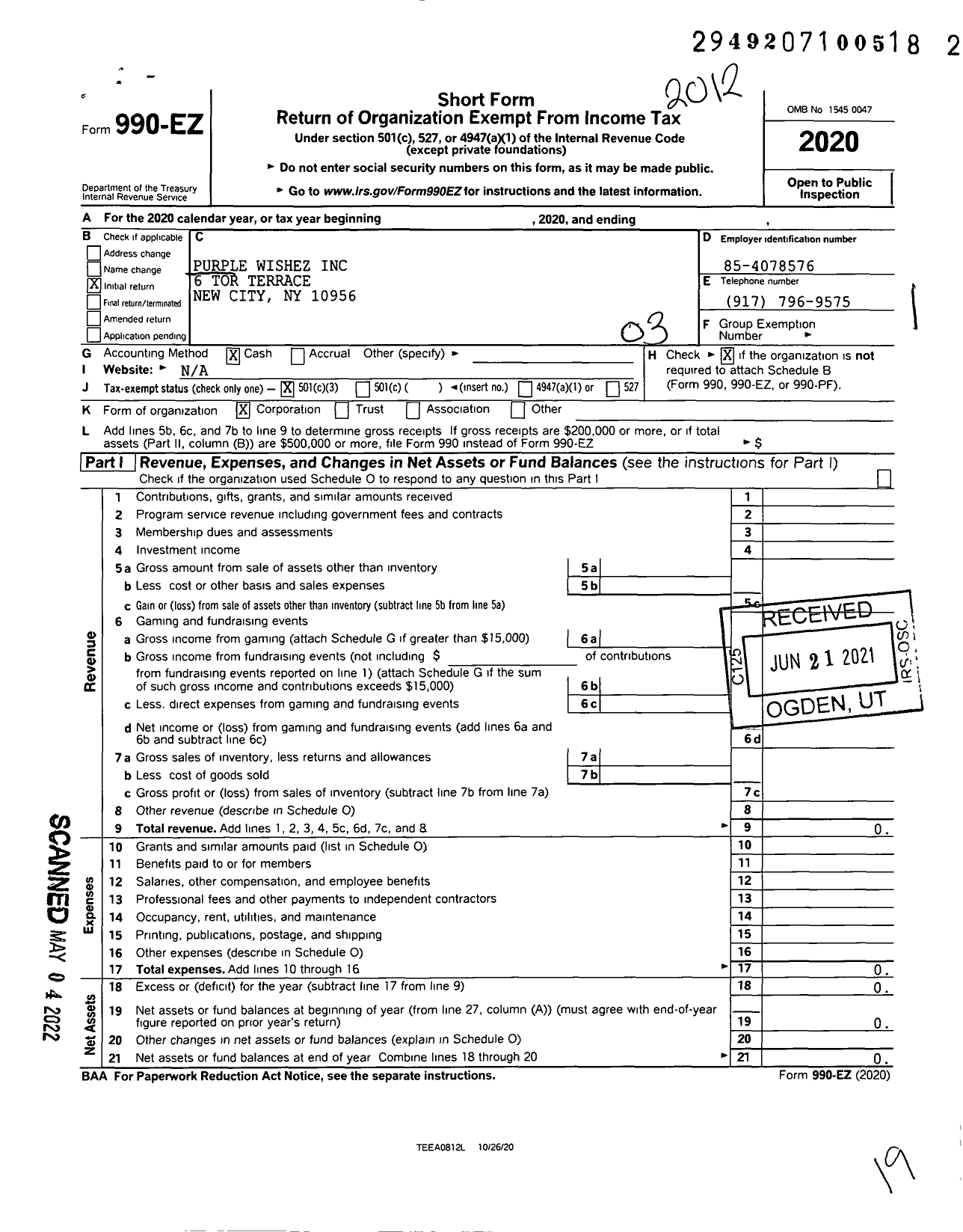 Image of first page of 2020 Form 990EZ for Purple Wishes