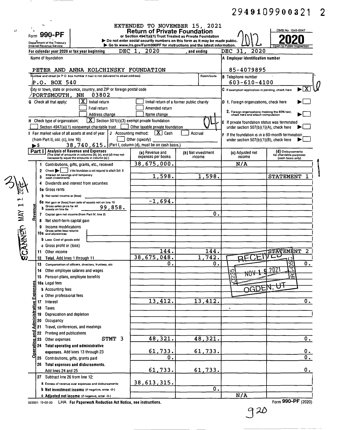 Image of first page of 2020 Form 990PF for Peter and Anna Kolchinsky Foundation