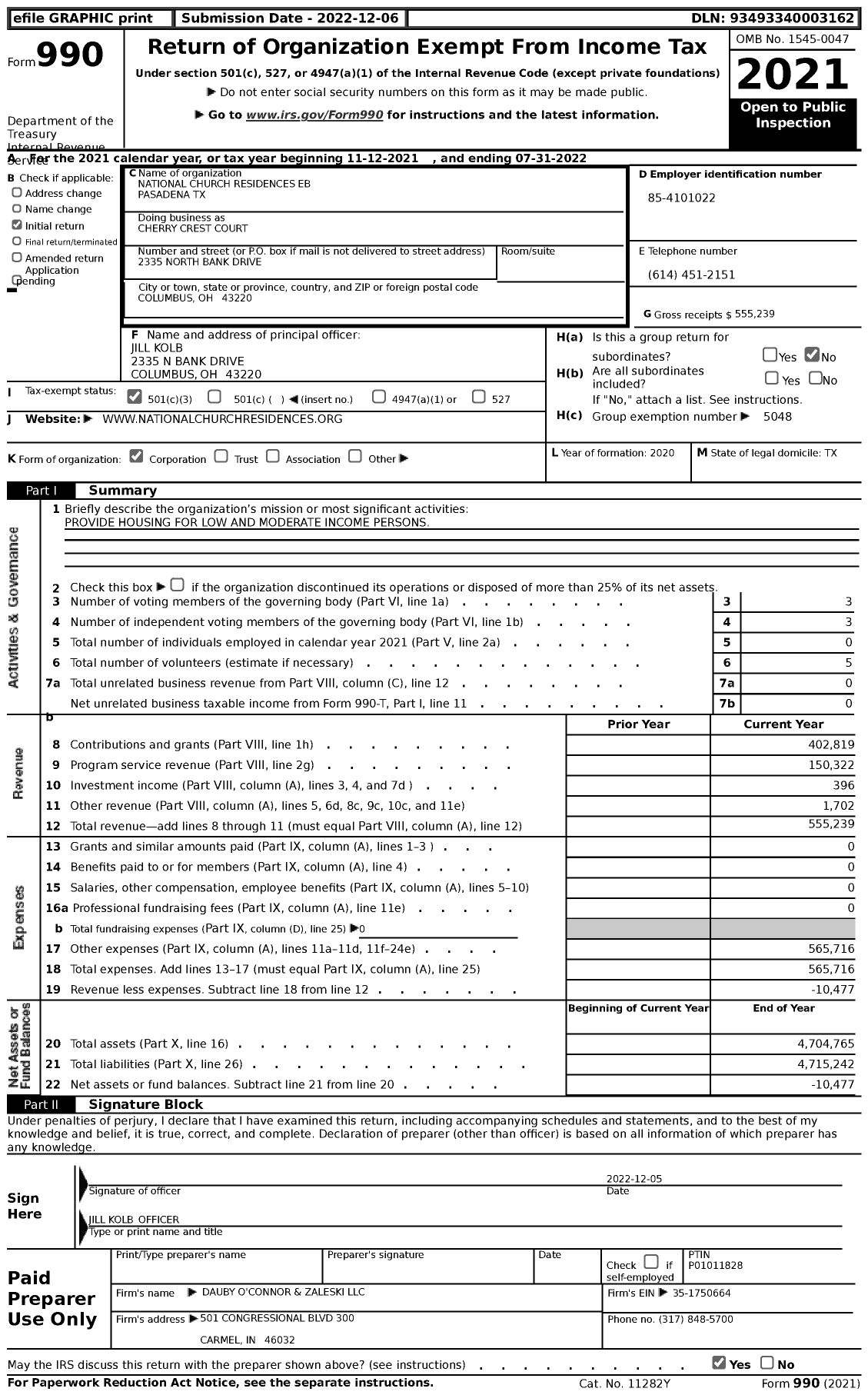 Image of first page of 2021 Form 990 for National Church Residences - Cherry Crest Court