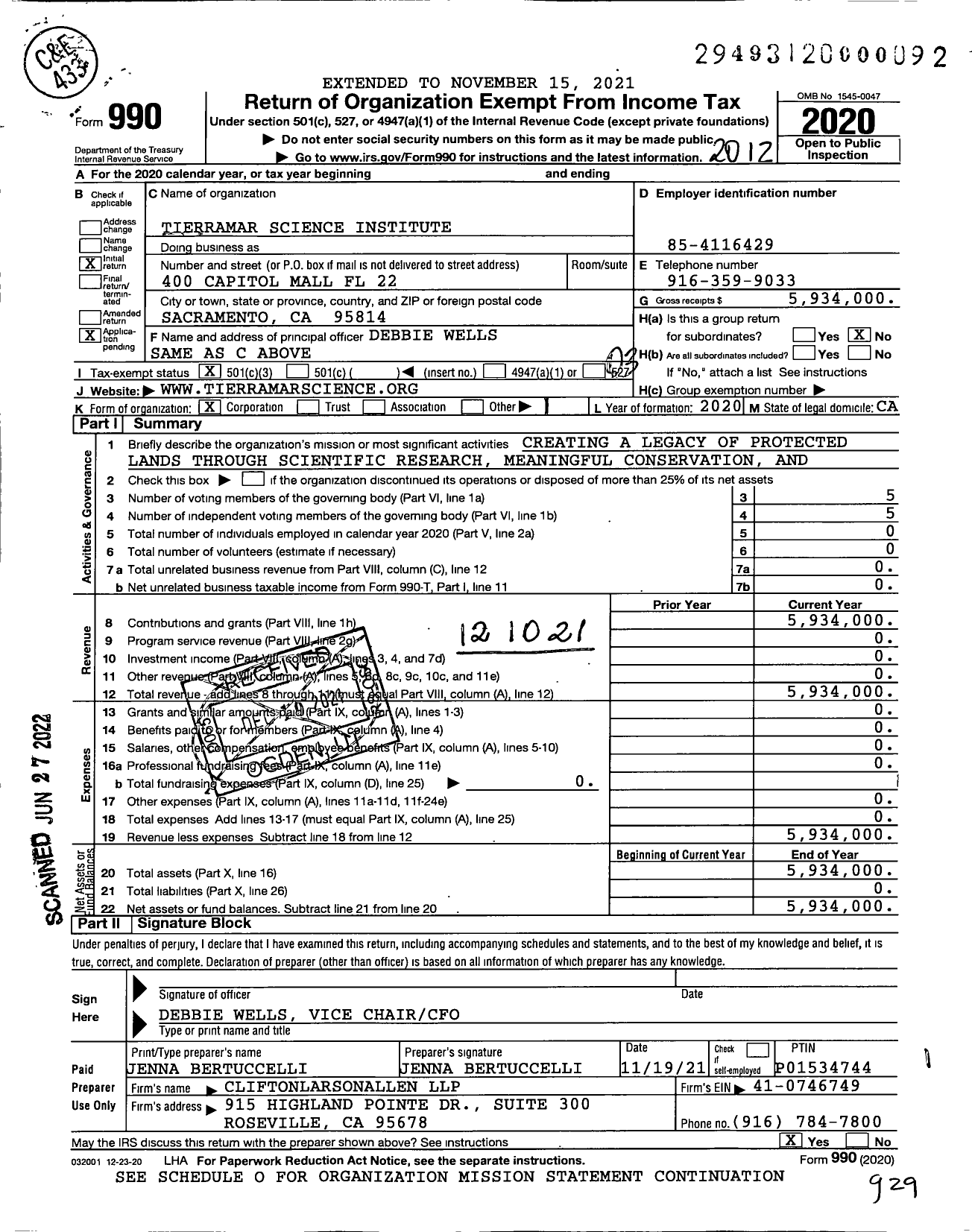 Image of first page of 2020 Form 990 for Tierramar Science Institute