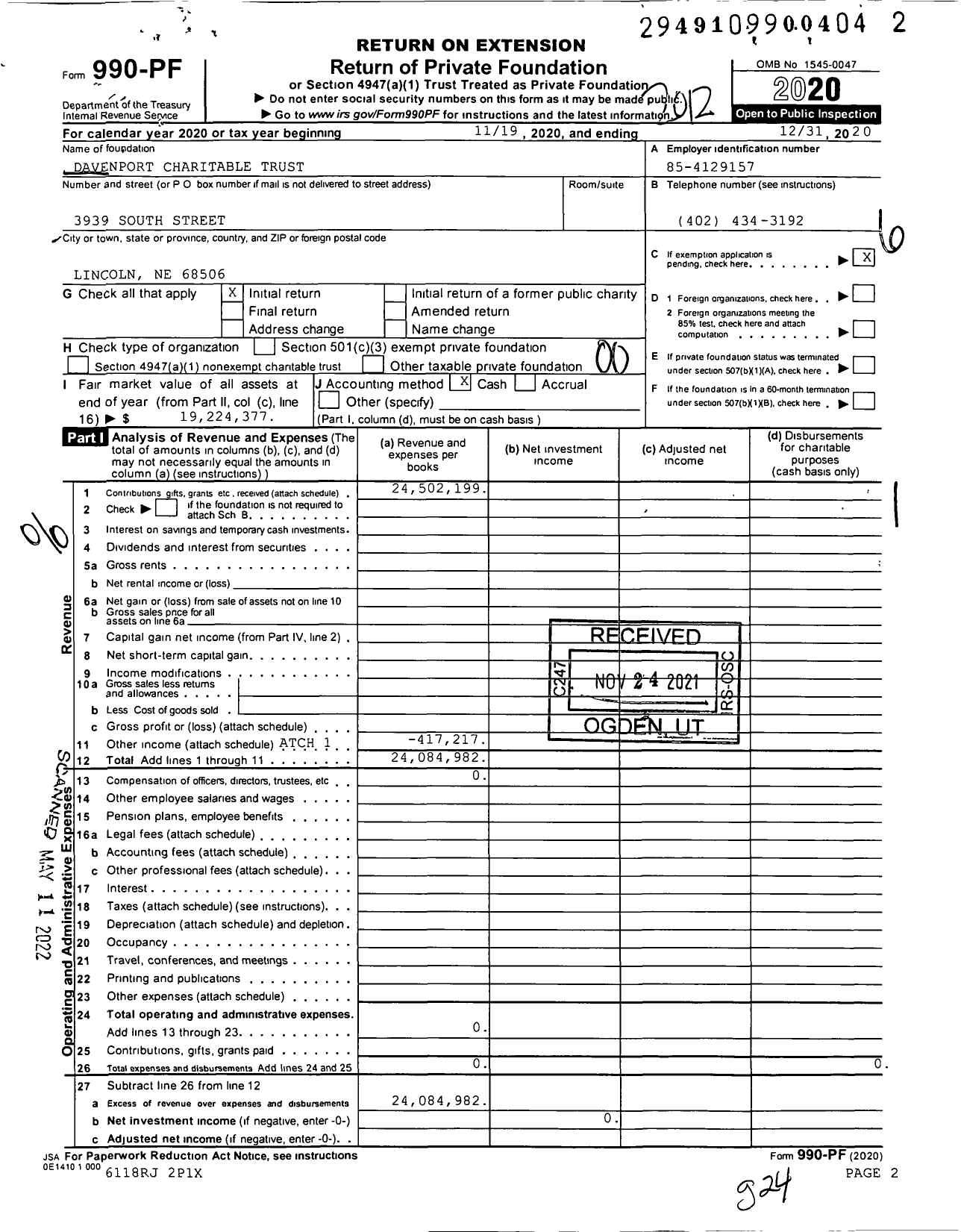 Image of first page of 2020 Form 990PF for Davenport Charitable Trust