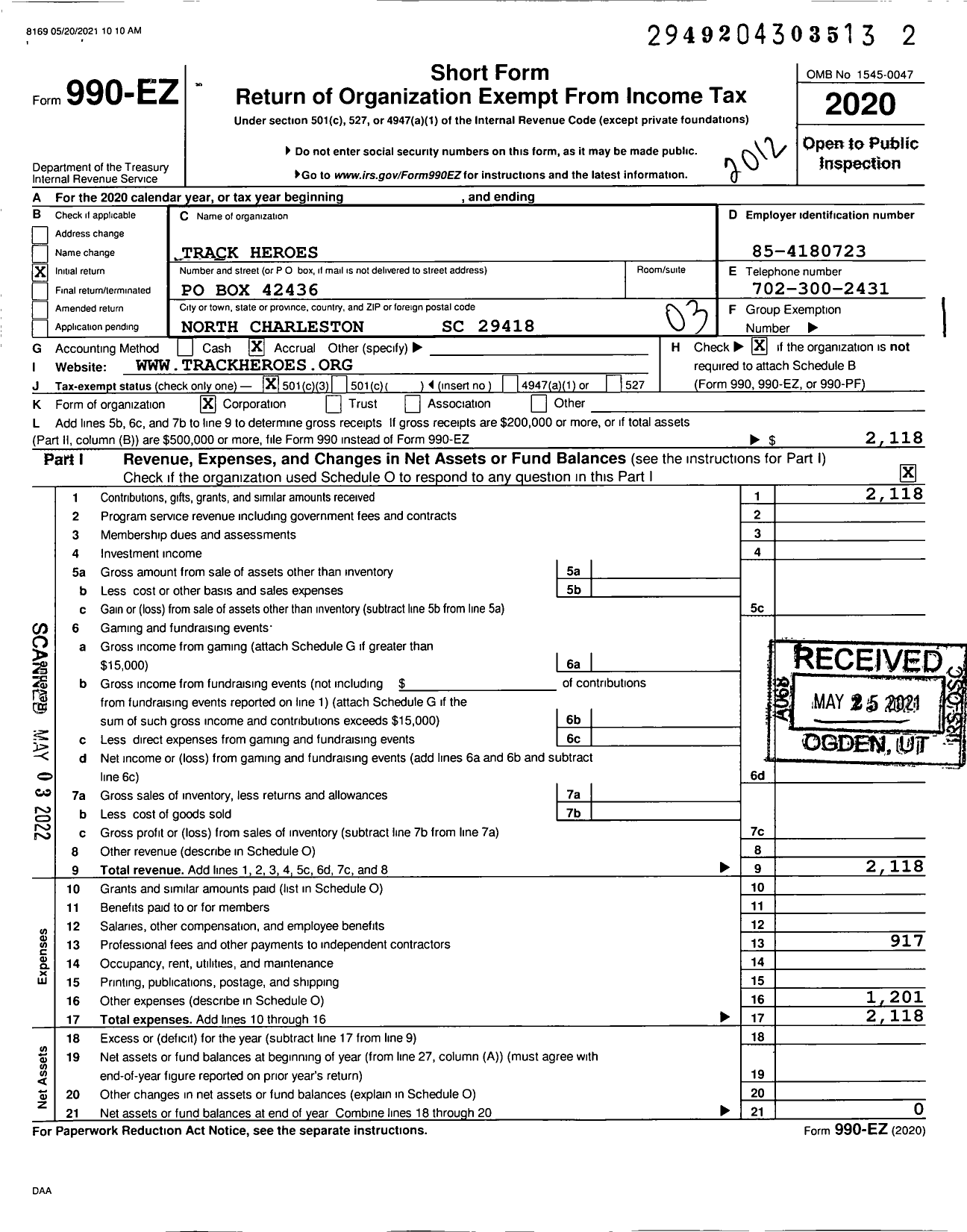 Image of first page of 2020 Form 990EZ for Track Heroes