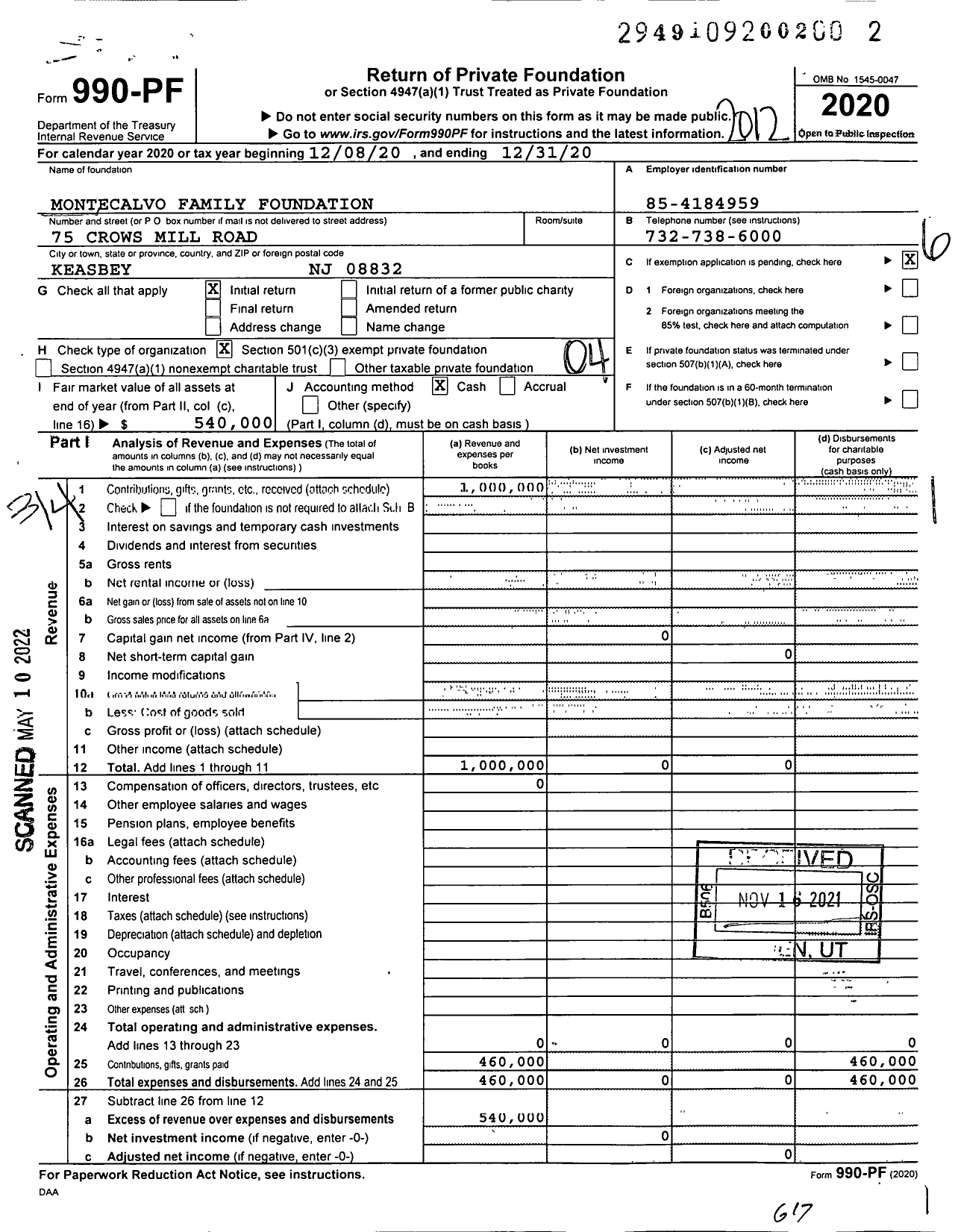 Image of first page of 2020 Form 990PF for Montecalvo Family Foundation