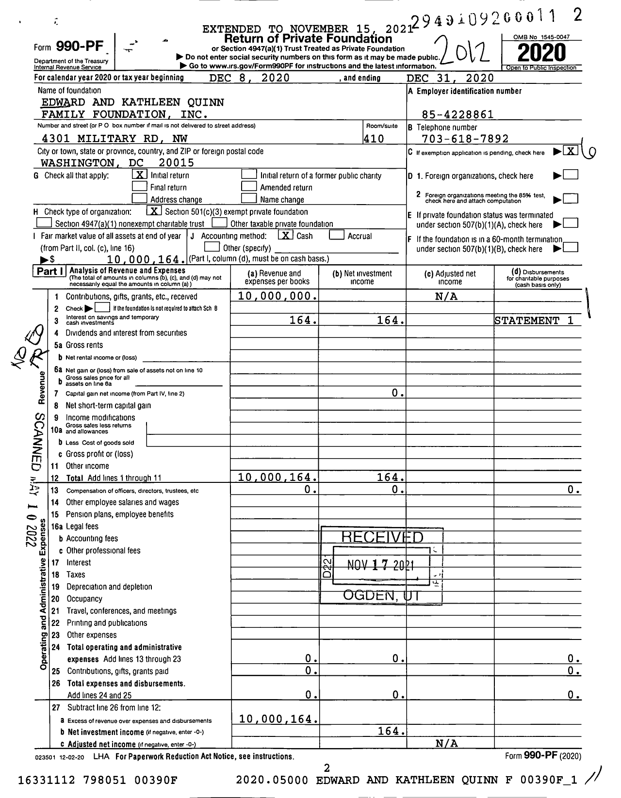 Image of first page of 2020 Form 990PF for Edward and Kathleen Quinn Family Foundation