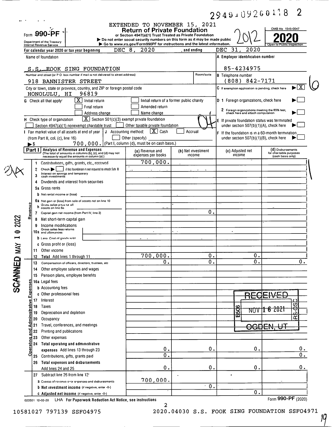 Image of first page of 2020 Form 990PF for SS Fook Sing Foundation