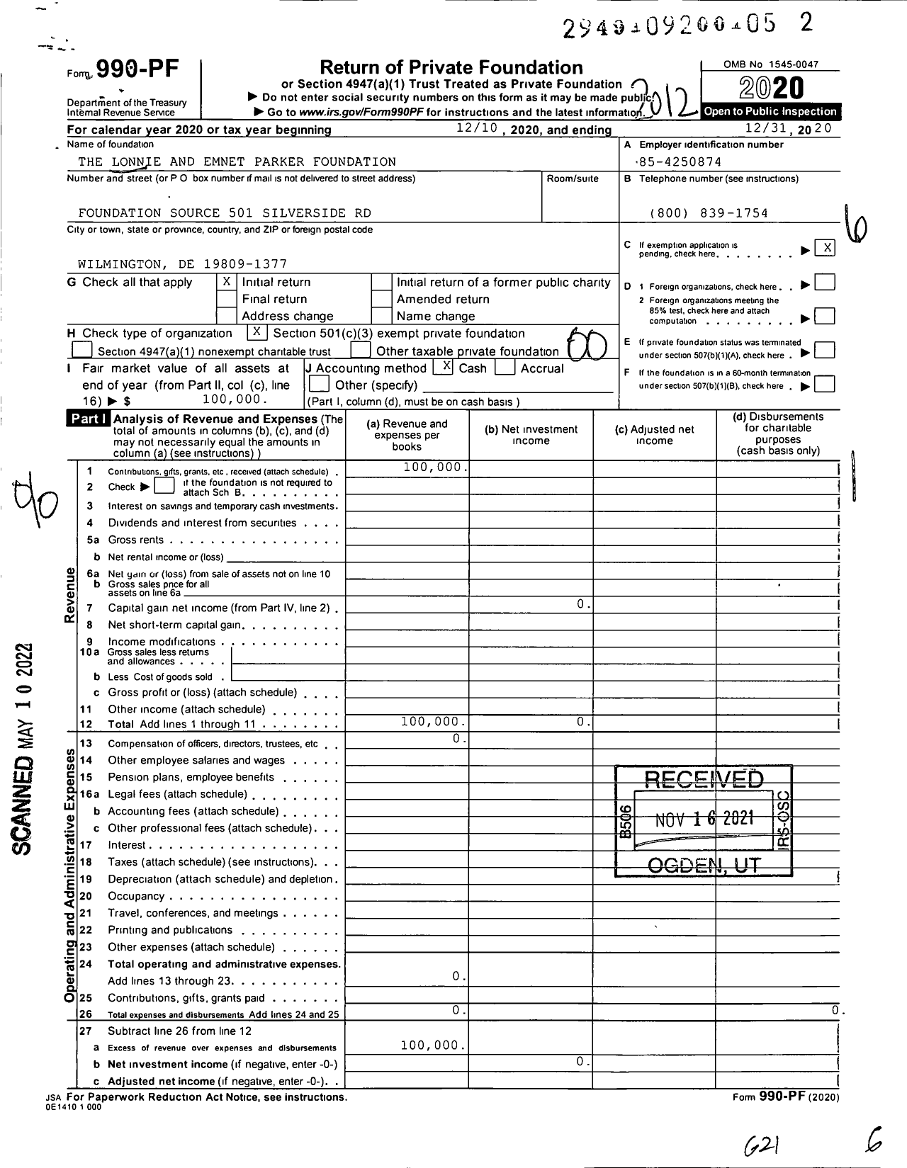 Image of first page of 2020 Form 990PF for The Lonnie and Emnet Parker Foundation