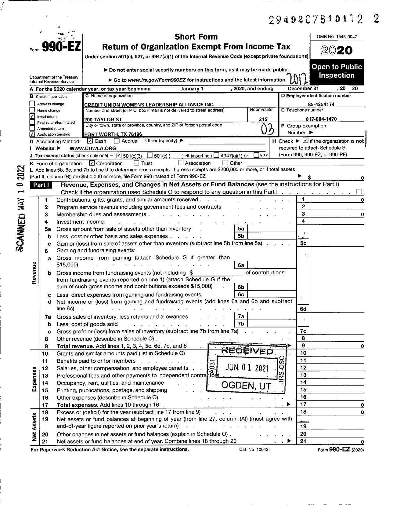 Image of first page of 2020 Form 990EZ for Credit Union Women's Leadership Alliance (CUWLA)