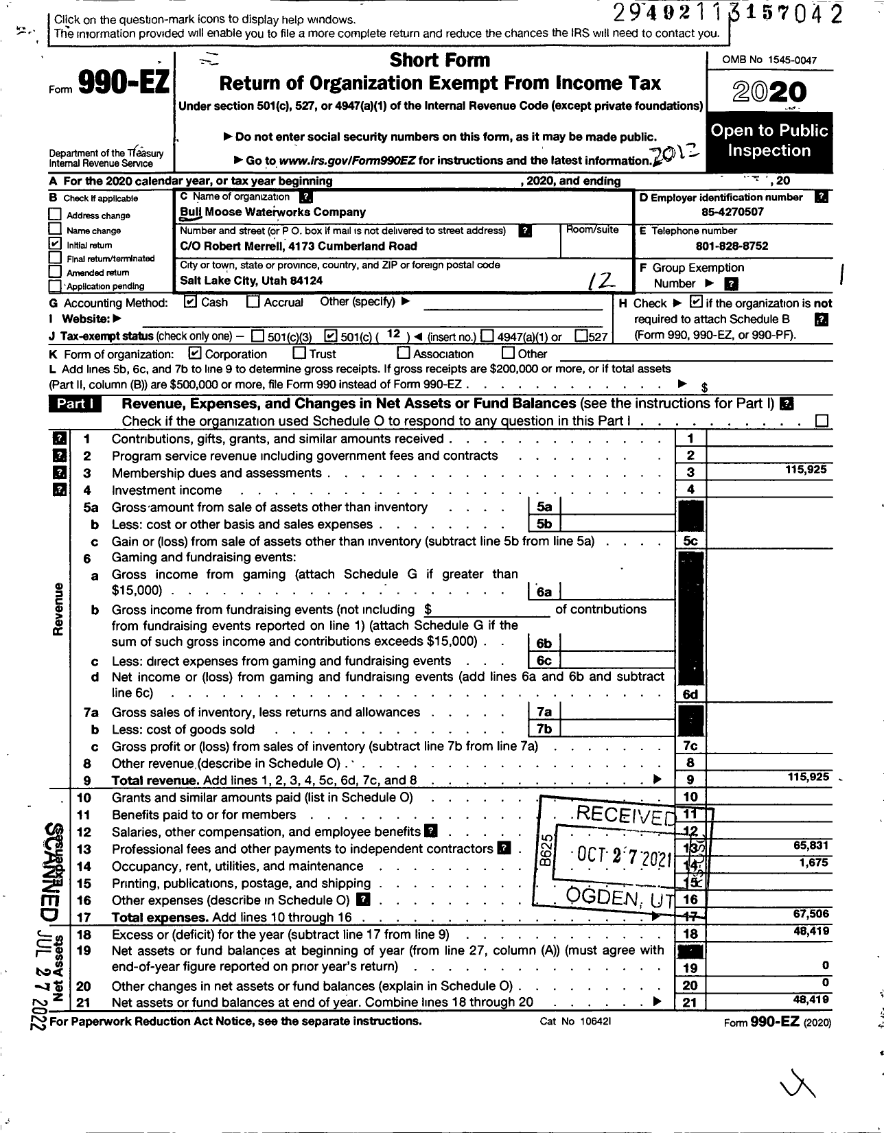 Image of first page of 2020 Form 990EO for Bull Moose Waterworks Company