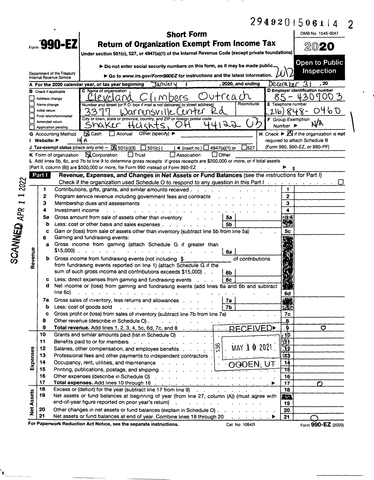 Image of first page of 2020 Form 990EZ for Cleveland Climbers Outreach