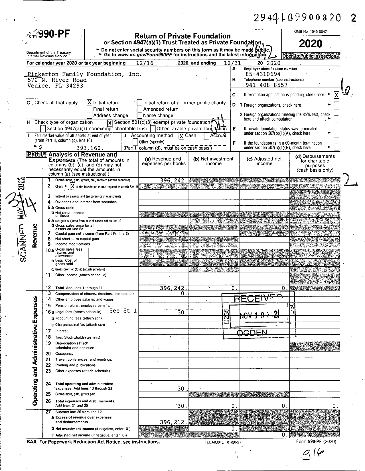 Image of first page of 2020 Form 990PF for Pinkerton Family Foundation