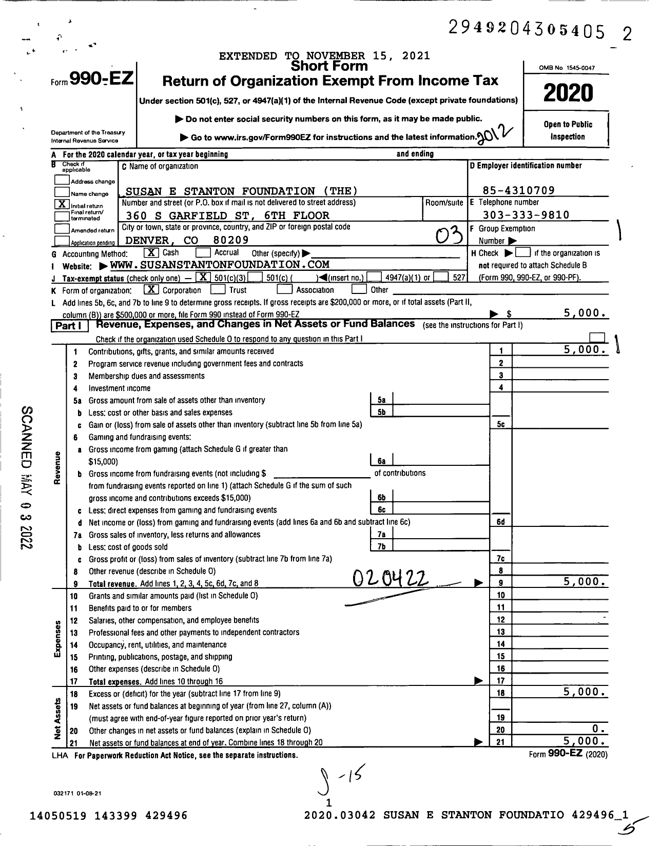 Image of first page of 2020 Form 990EZ for Susan E Stanton Foundation