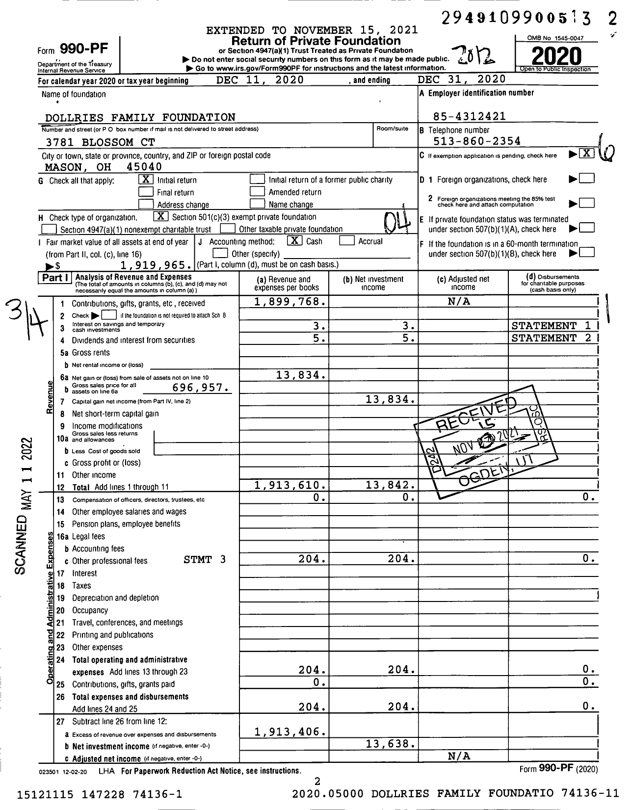 Image of first page of 2020 Form 990PF for Dollries Family Foundation