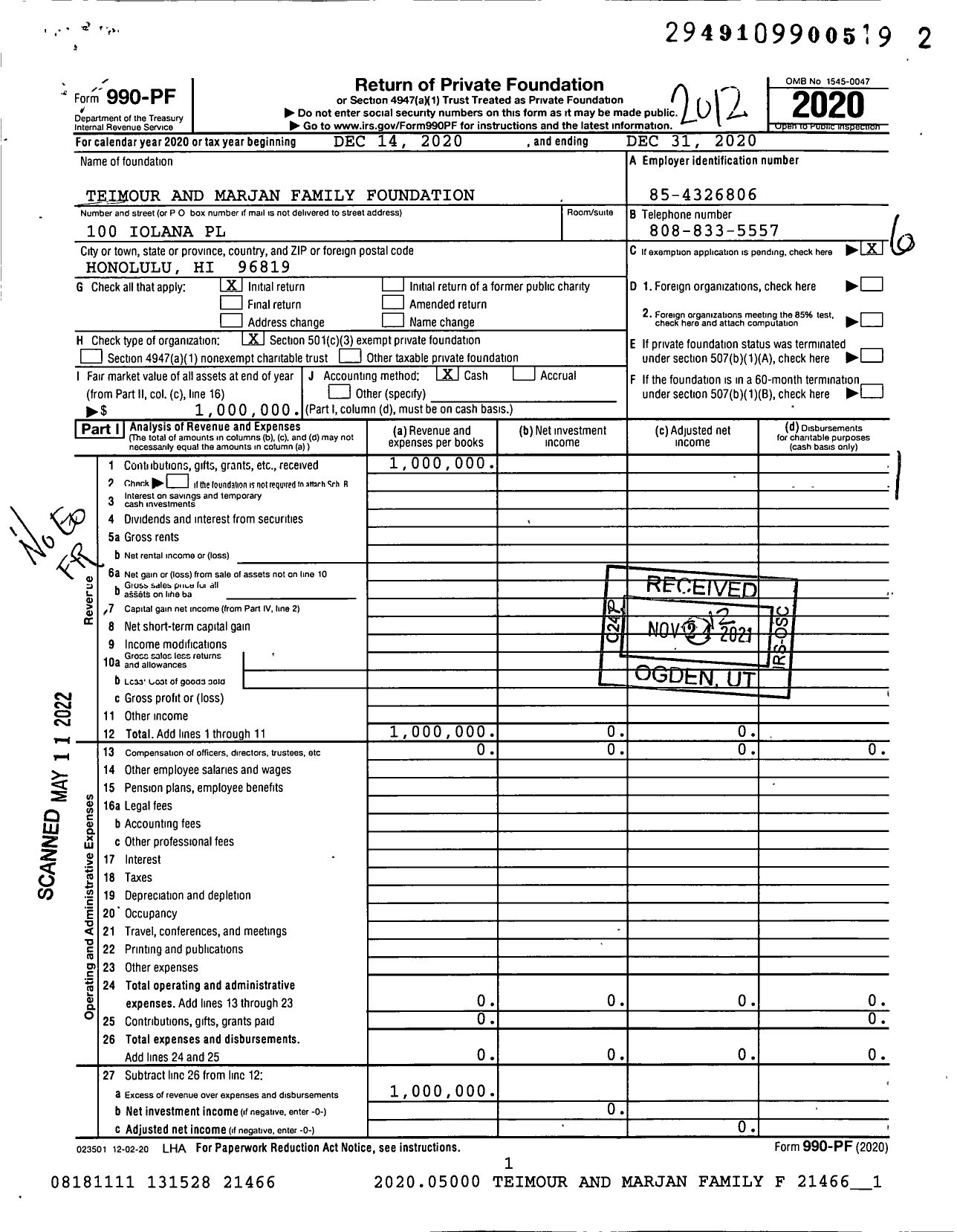 Image of first page of 2020 Form 990PF for Mar-Tei Padash Foundation