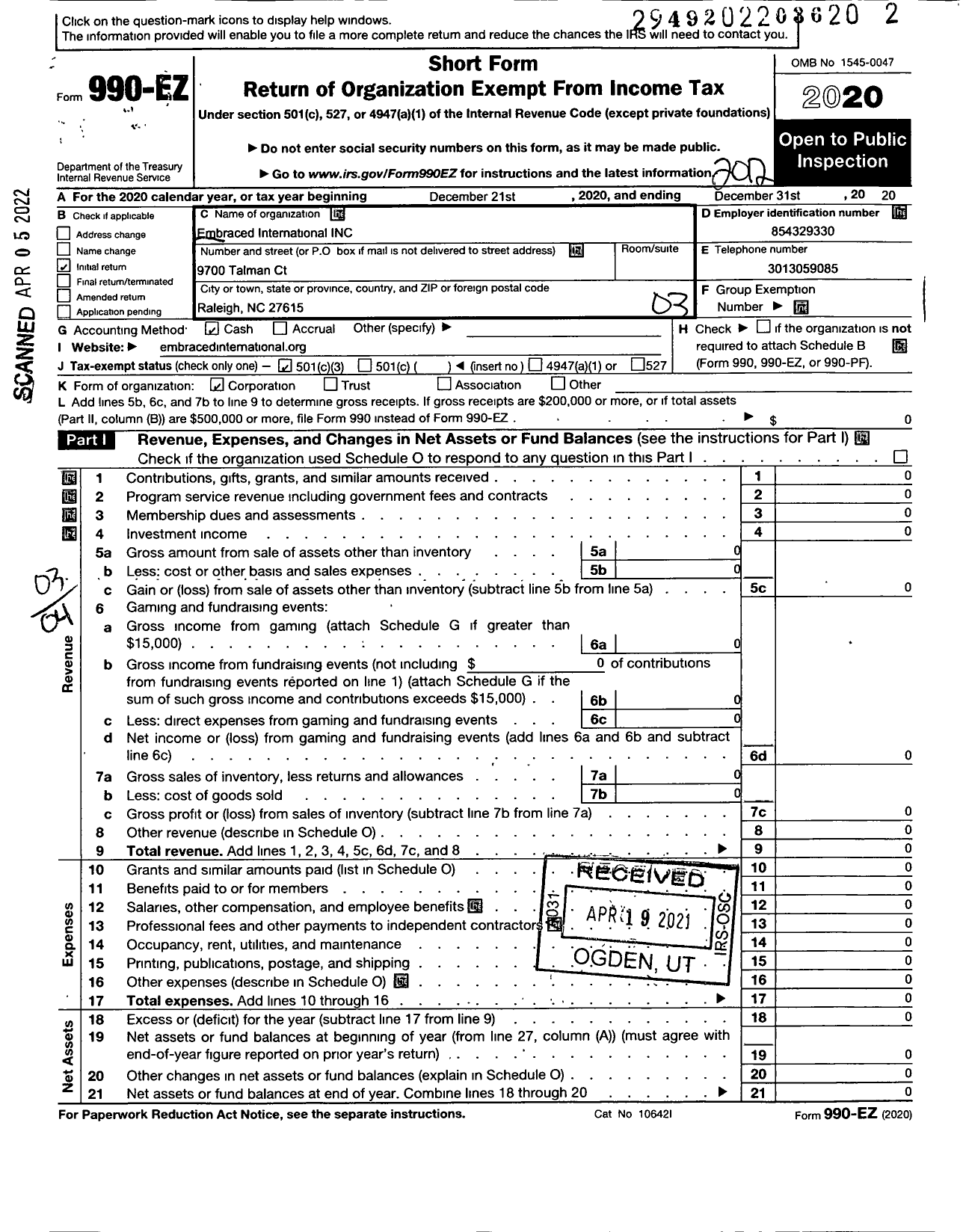 Image of first page of 2020 Form 990EZ for Embraced International