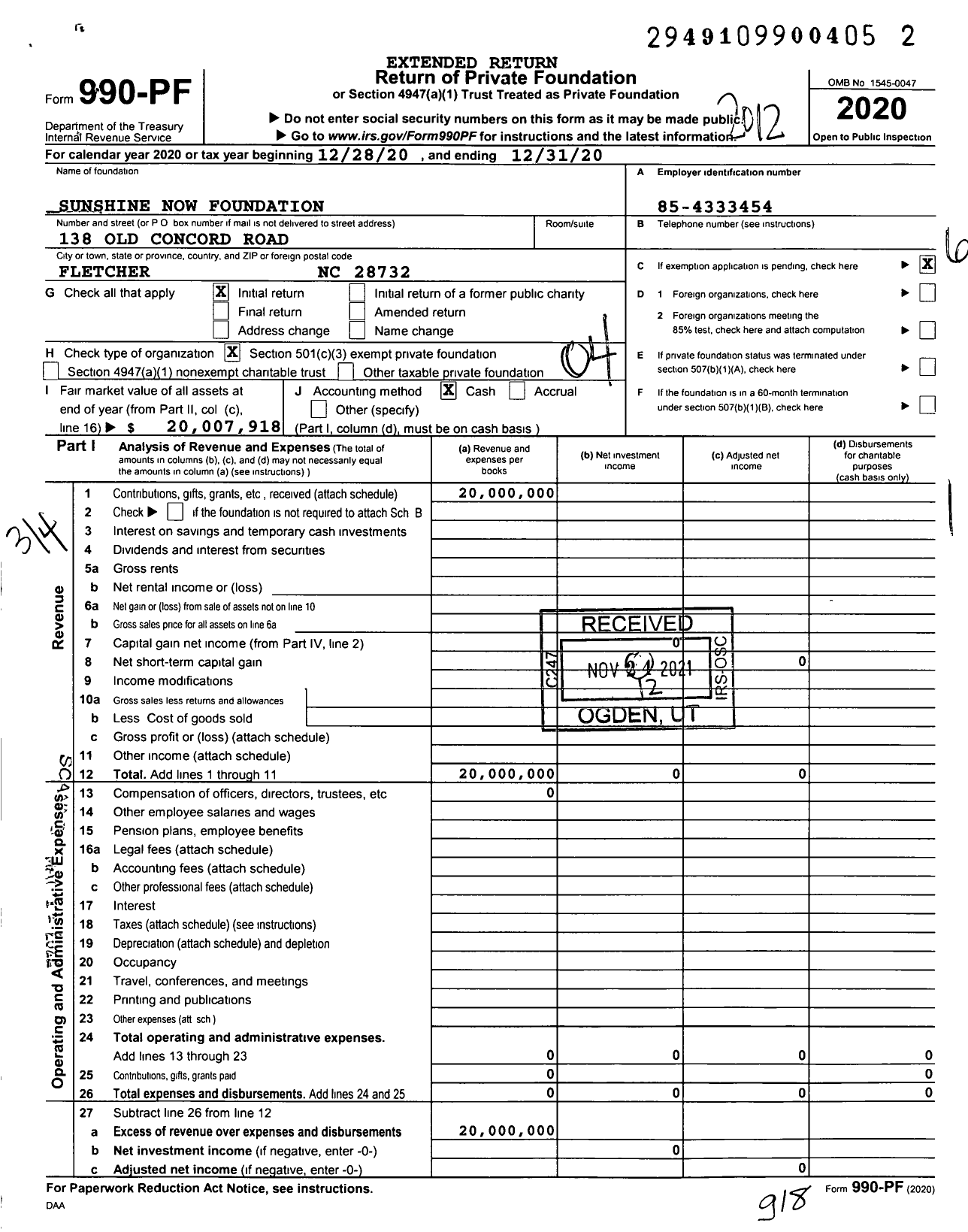 Image of first page of 2020 Form 990PF for Sunshine Now Foundation