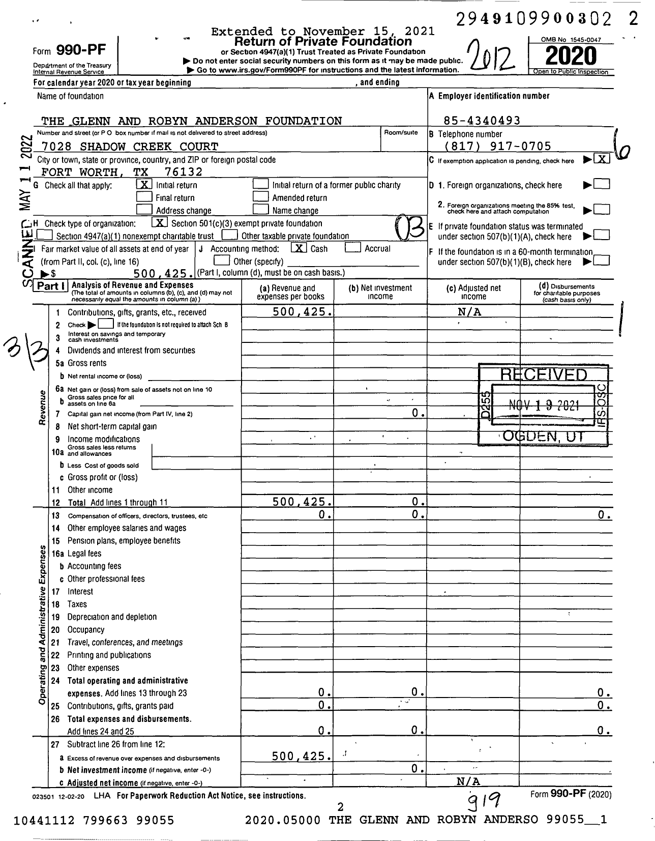 Image of first page of 2020 Form 990PF for The Glenn and Robyn Anderson Foundation