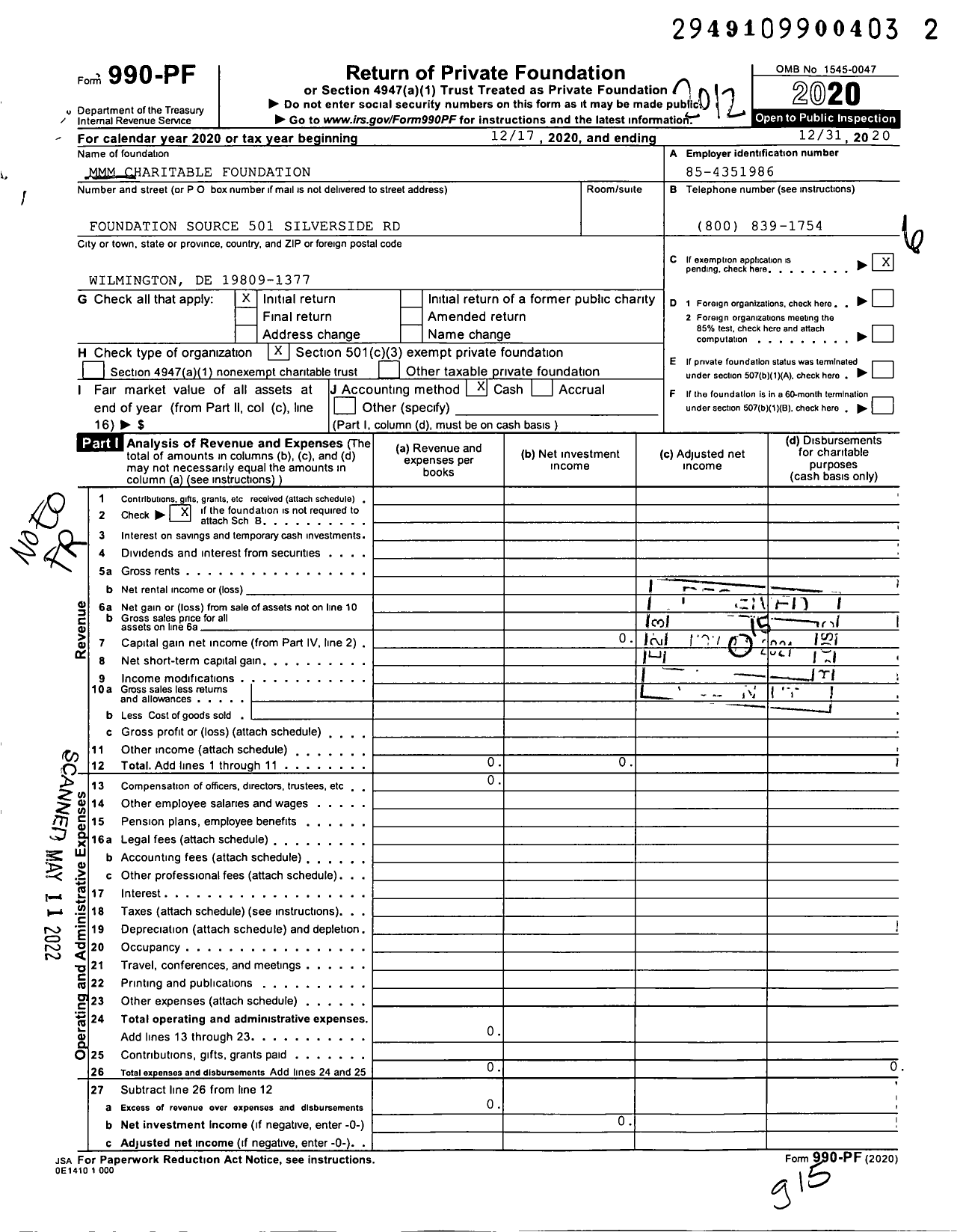 Image of first page of 2020 Form 990PF for MMM Charitable Foundation